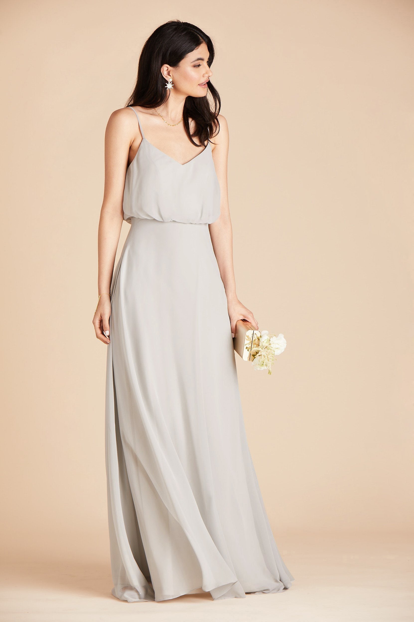 Gwennie bridesmaid dress in dove gray chiffon by Birdy Grey, front view