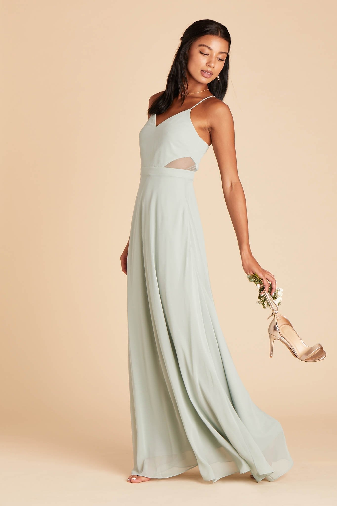 Lin bridesmaid dress in sage green chiffon by Birdy Grey, side view