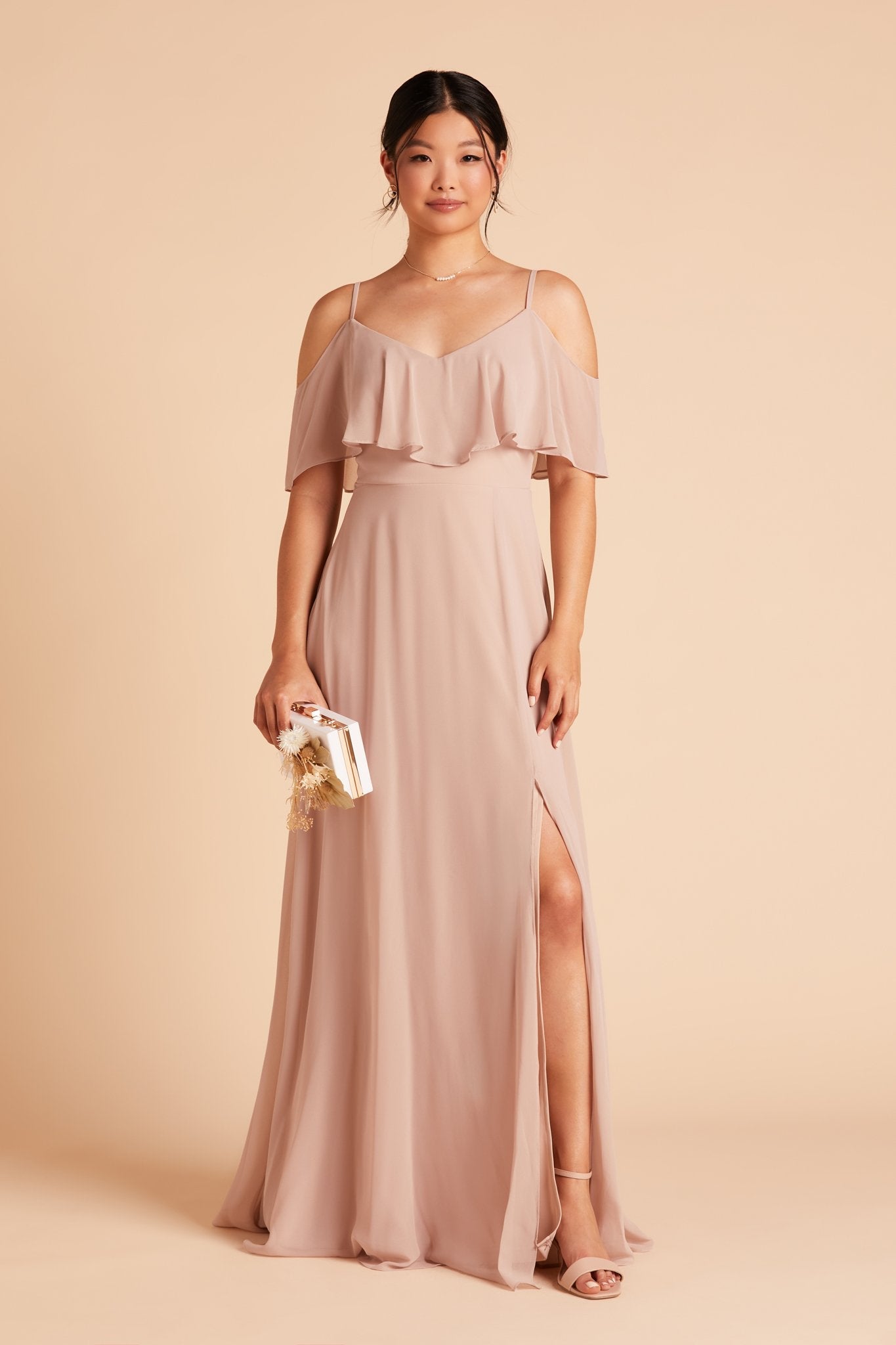 Jane convertible bridesmaid dress with slit in taupe chiffon by Birdy Grey, front view