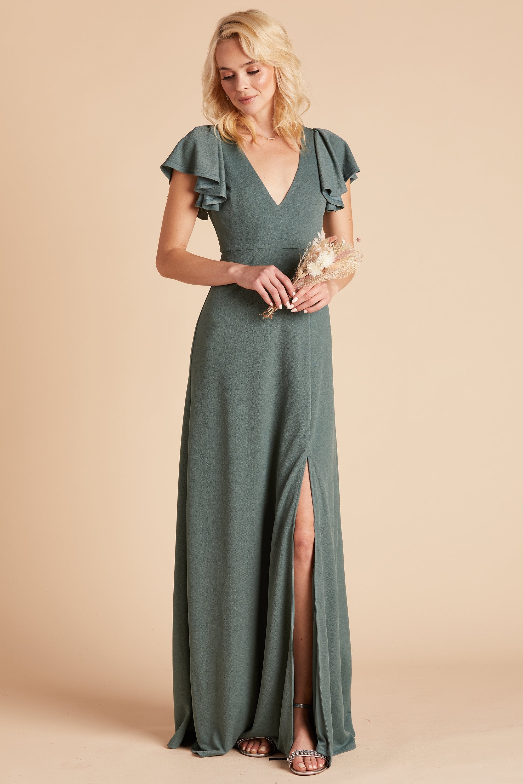 Hannah bridesmaid dress with slit in sea glass crepe by Birdy Grey, front view