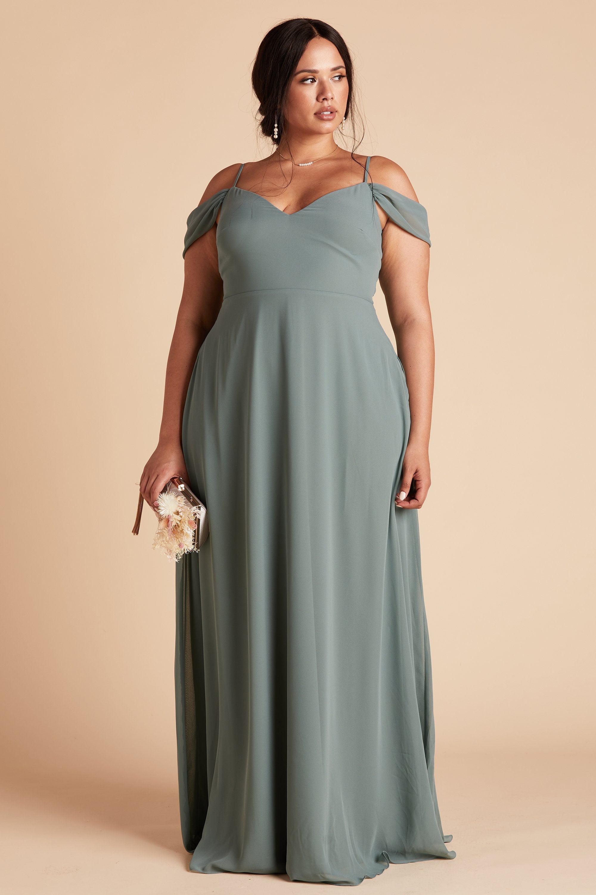 Devin convertible plus size bridesmaids dress in sea glass green chiffon by Birdy Grey, front view