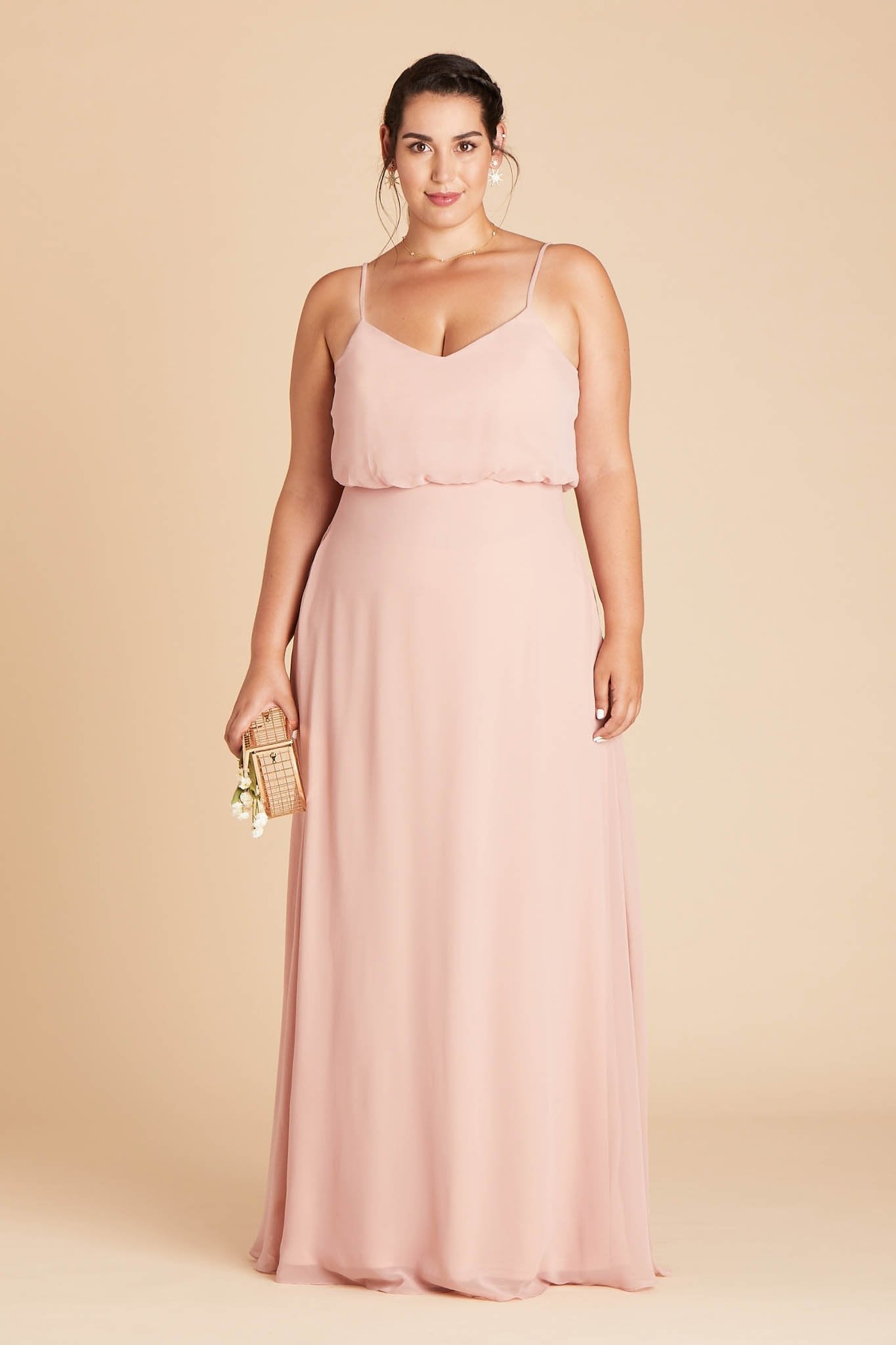 Gwennie plus size bridesmaid dress in dusty rose chiffon by Birdy Grey, front view