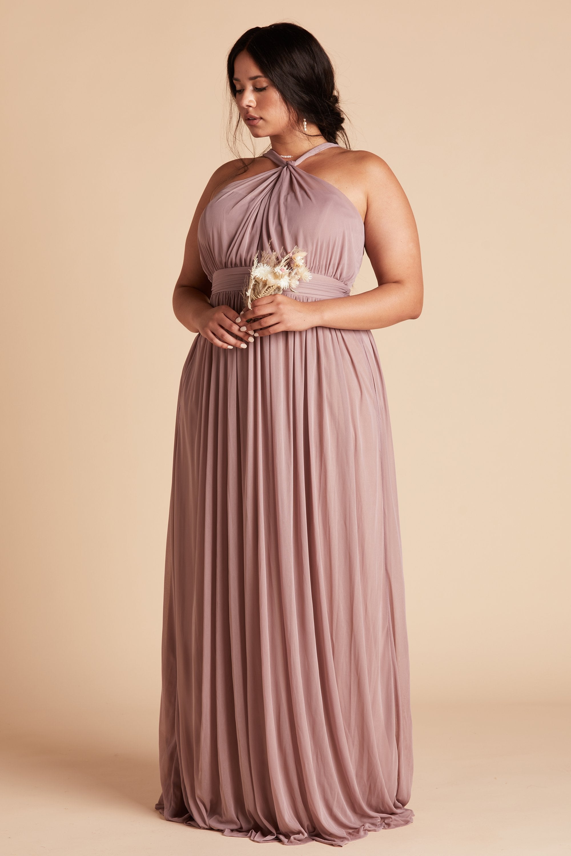 Kiko plus size bridesmaid dress in mauve pink chiffon by Birdy Grey, front view