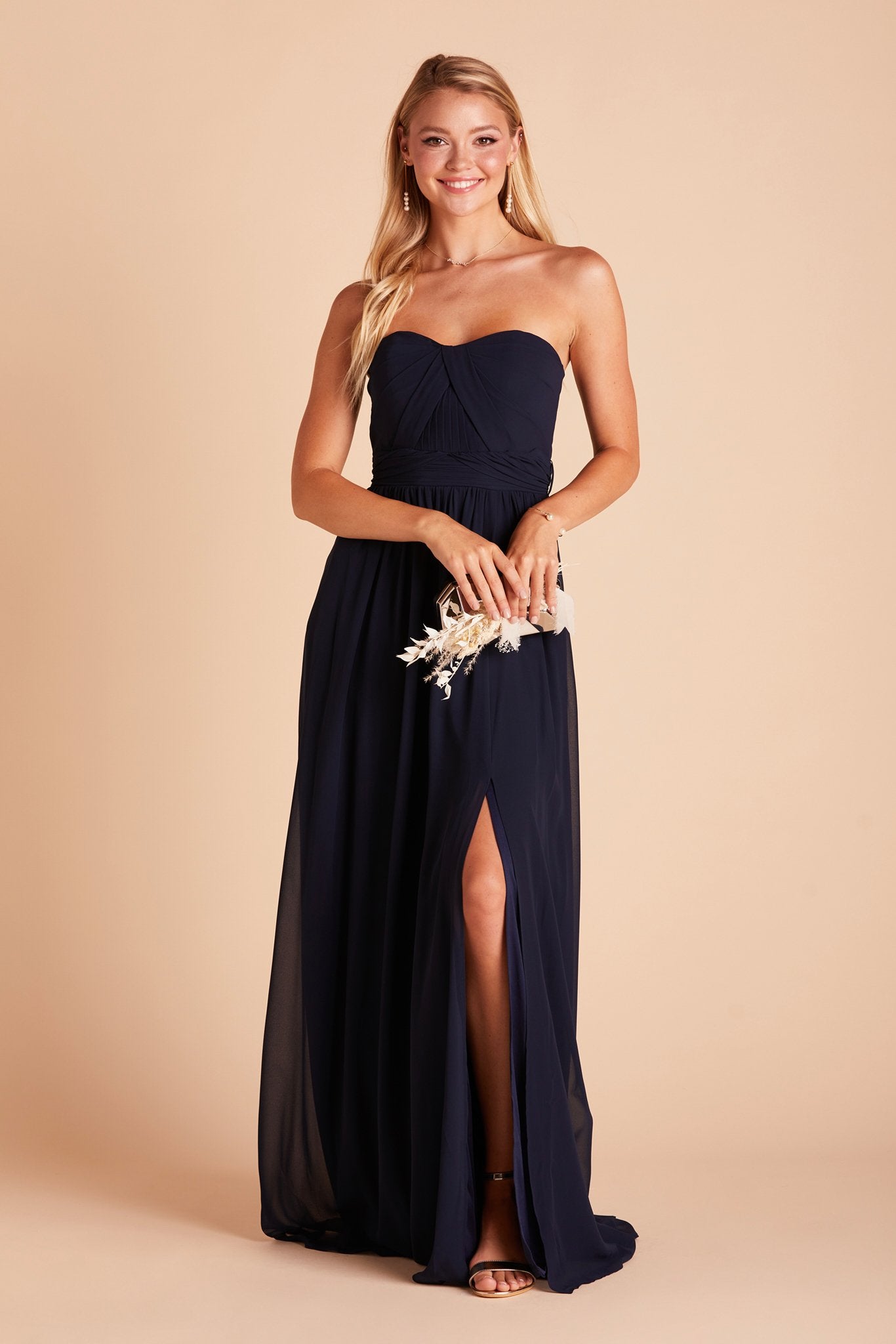 Grace convertible bridesmaid dress in navy blue chiffon with slit by Birdy Grey, front view