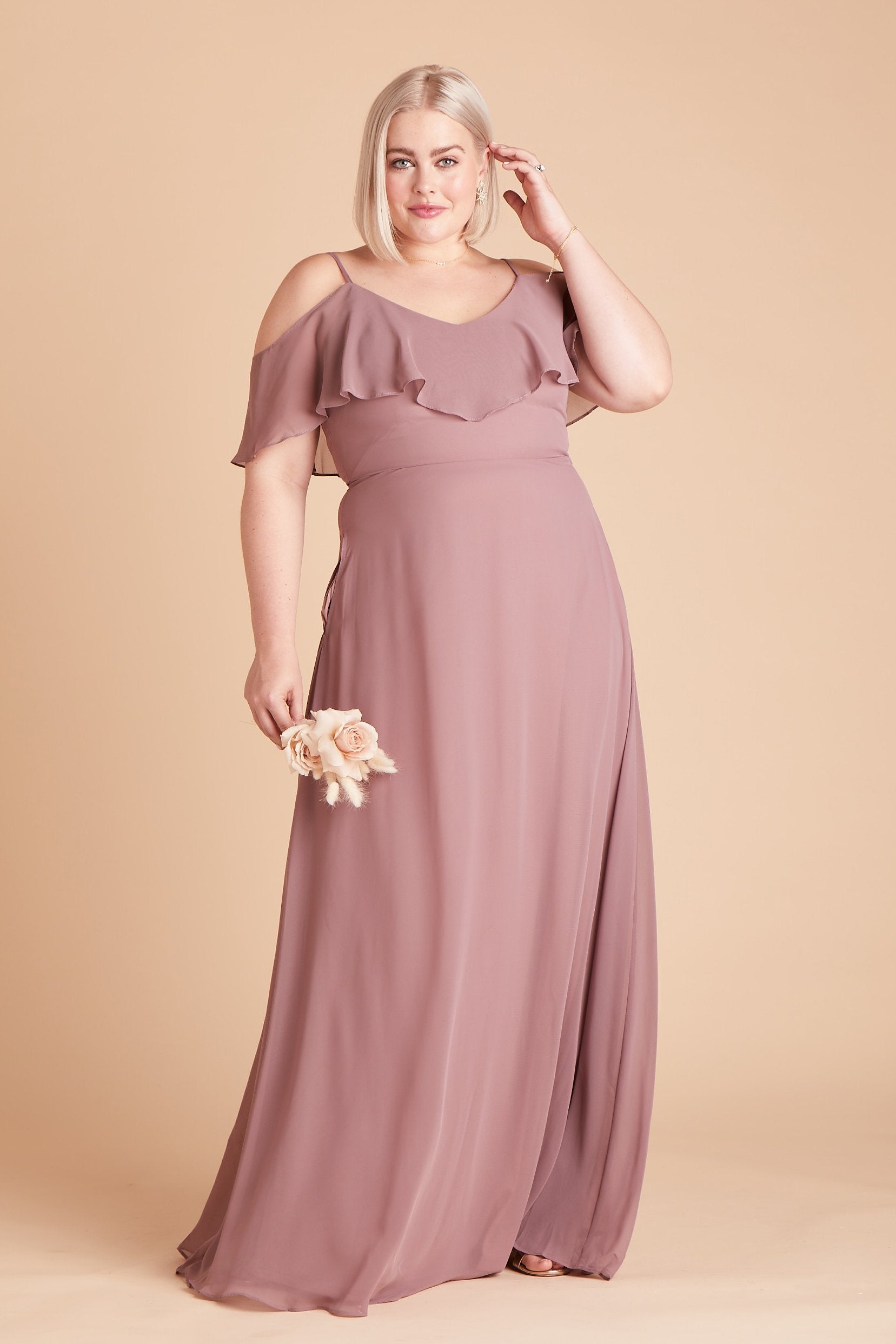 Jane convertible plus size bridesmaid dress in dark mauve chiffon by Birdy Grey, front view