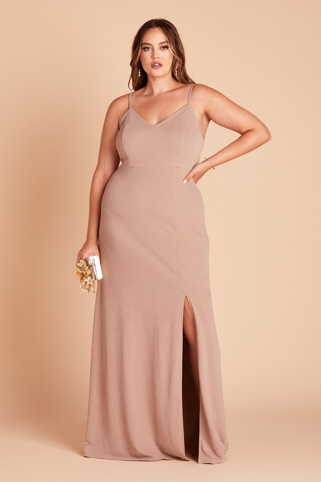 Jay plus size bridesmaid dress with slit in taupe crepe by Birdy Grey, front view