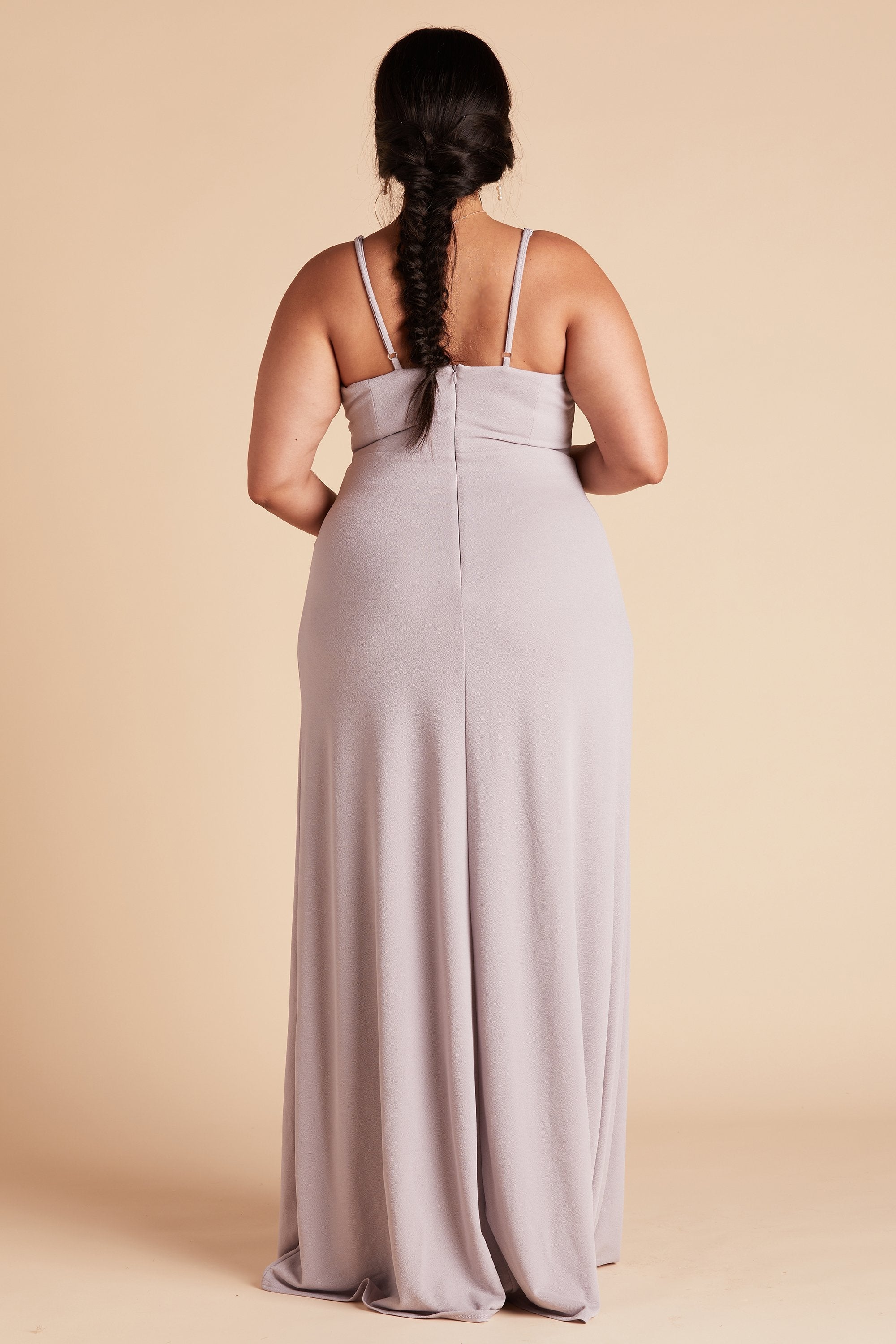 Ash plus size bridesmaid dress in lilac purple crepe by Birdy Grey, back view