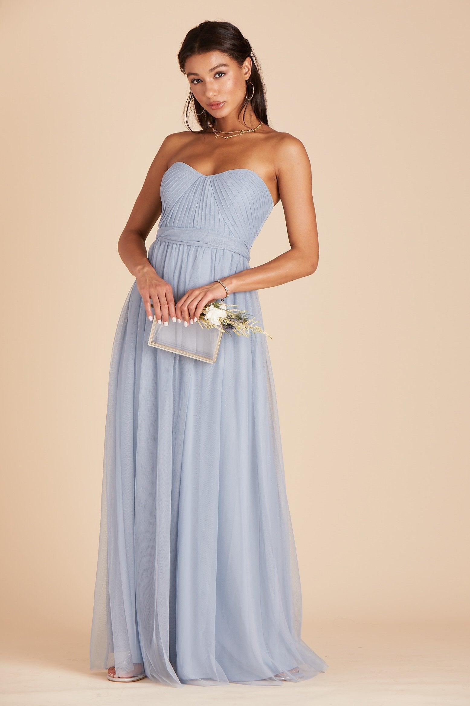 Christina convertible bridesmaid dress in dusty blue tulle by Birdy Grey, front view