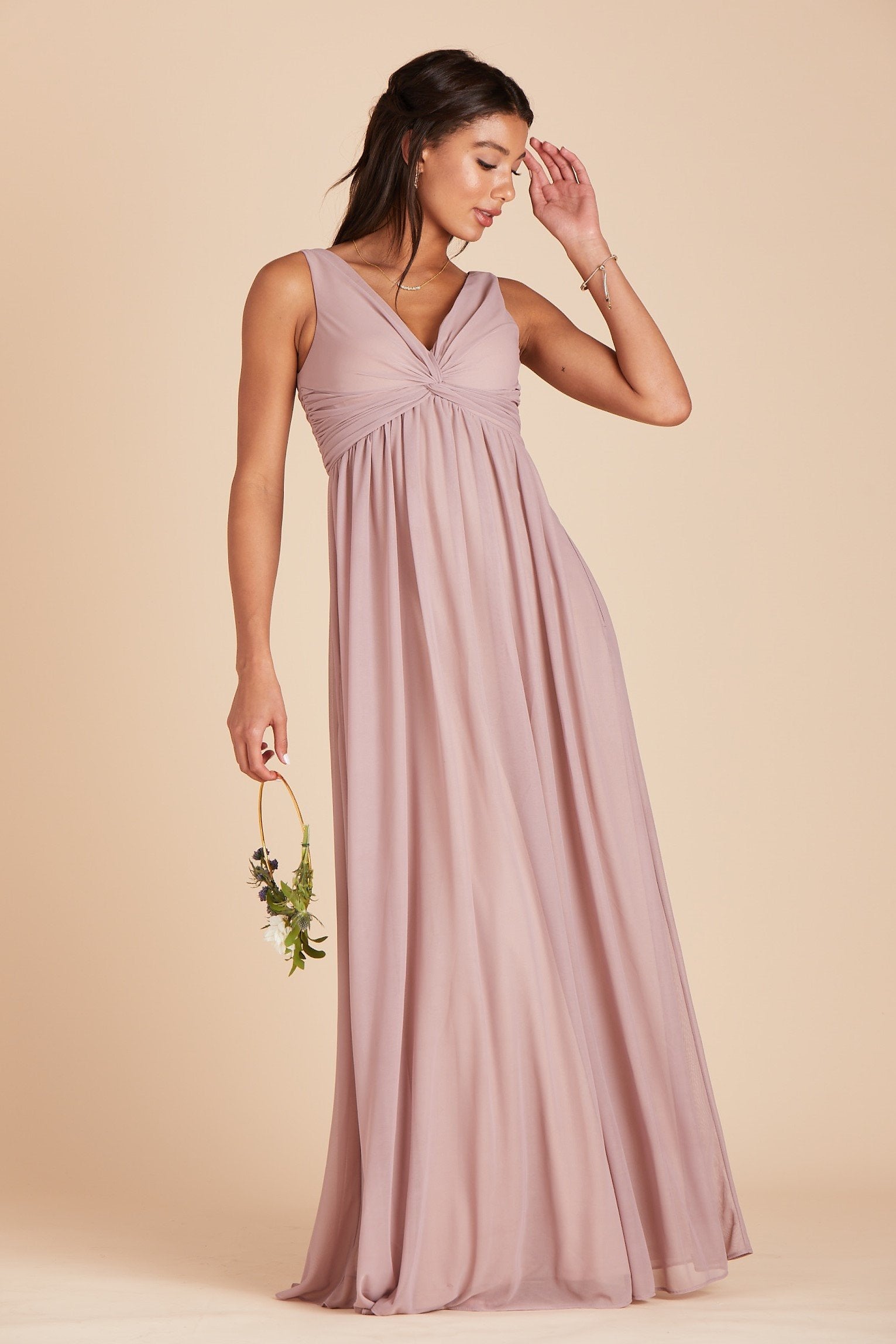 Lianna bridesmaid dress in mauve pink chiffon by Birdy Grey, front view