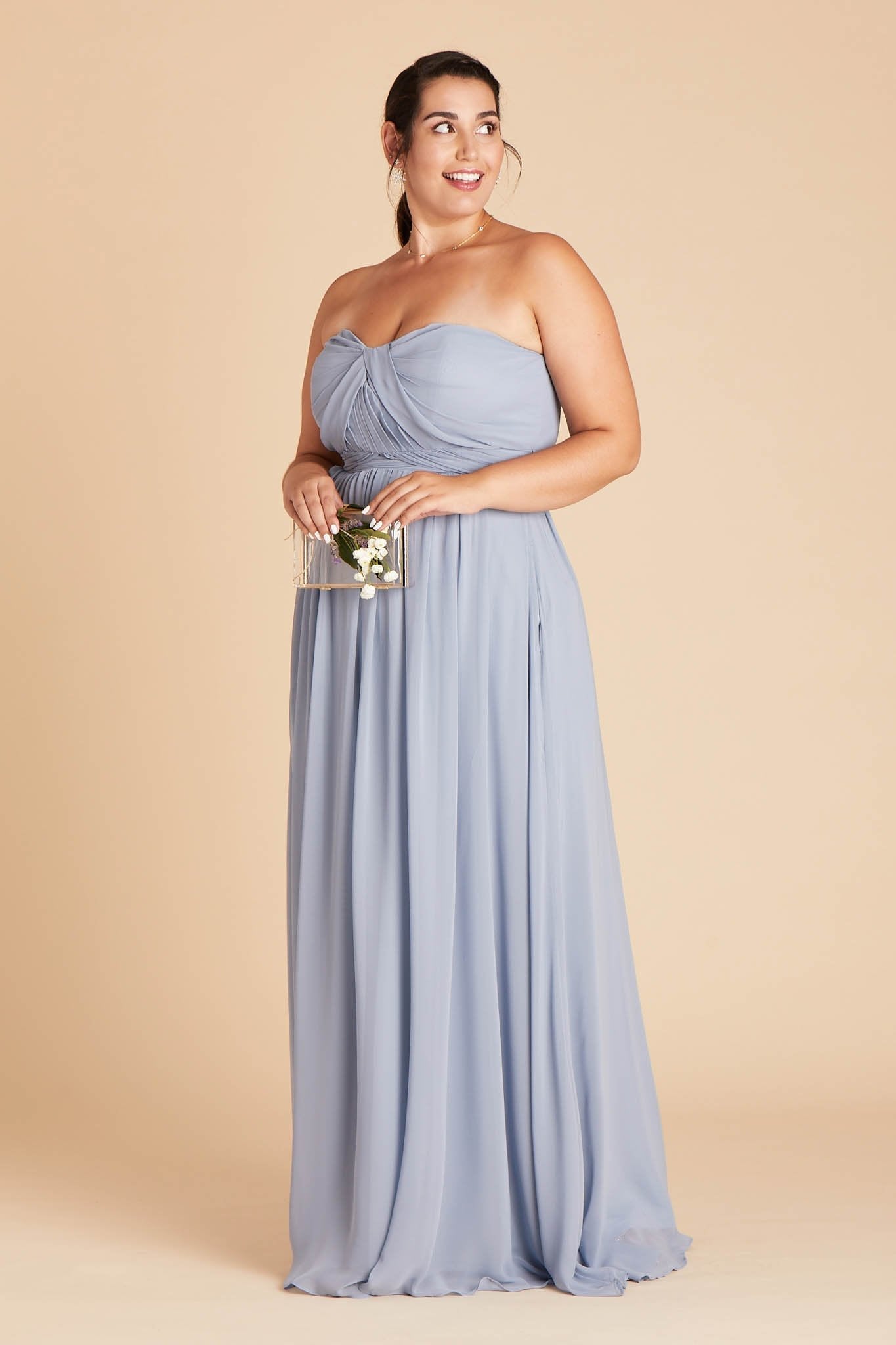 Grace convertible plus size bridesmaid dress in dusty blue chiffon by Birdy Grey, front view