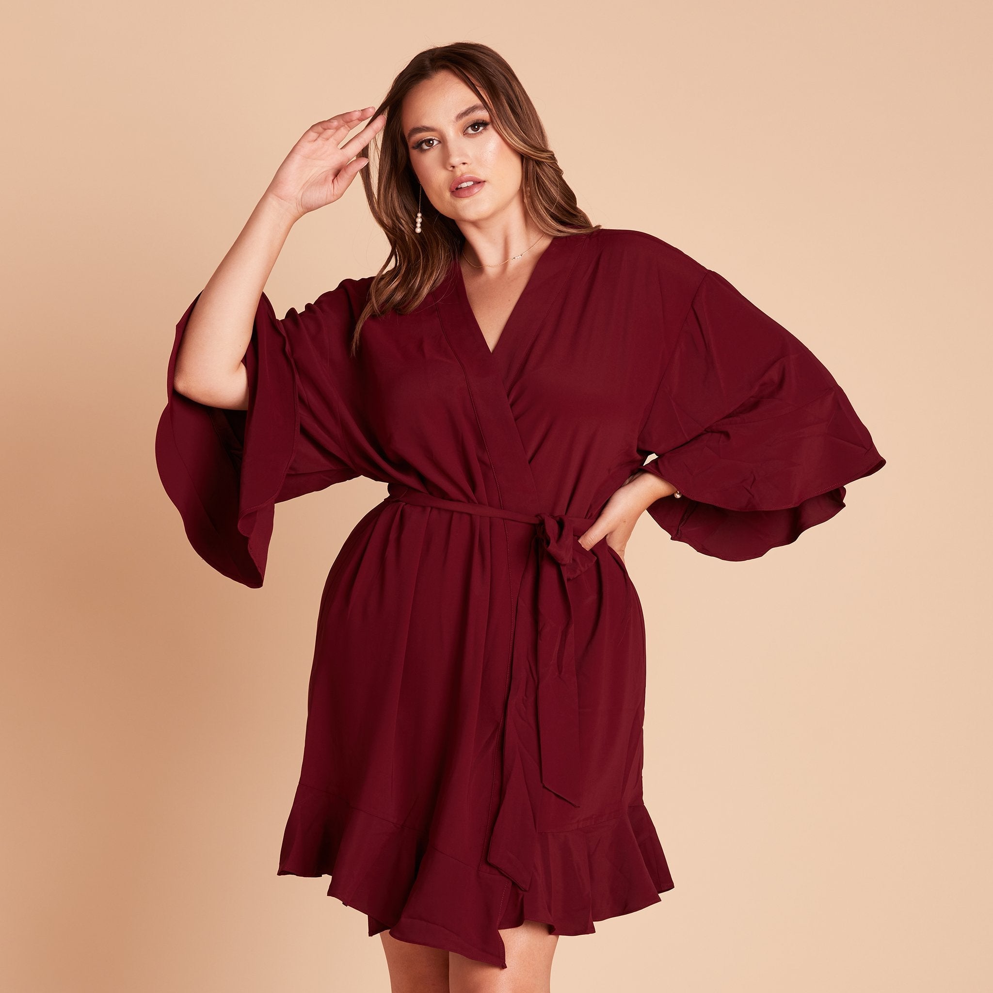 Kenny Ruffle Robe in cabernet burgundy by Birdy Grey, front view