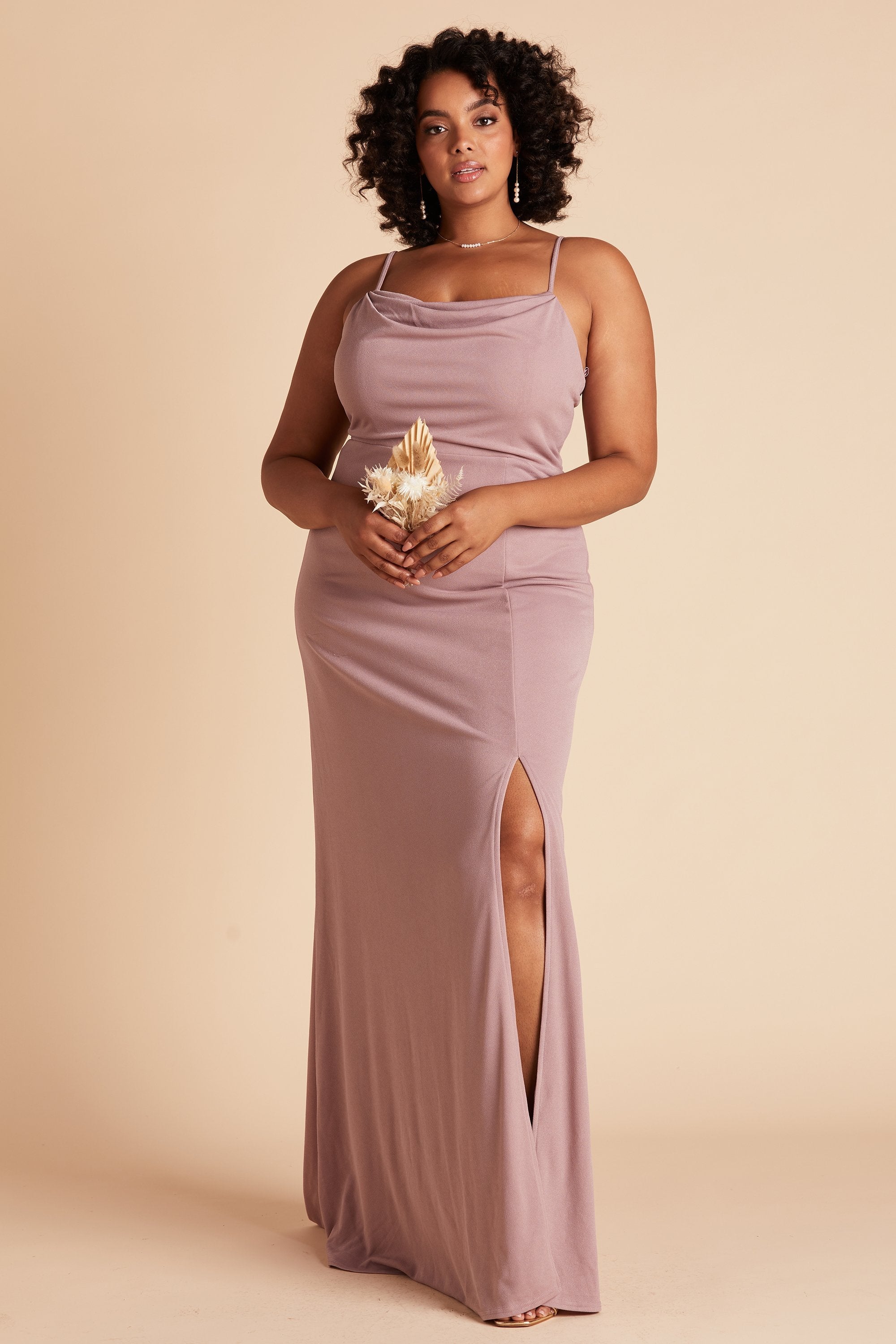 Ash plus size bridesmaid dress with slit in dark mauve crepe by Birdy Grey, front view