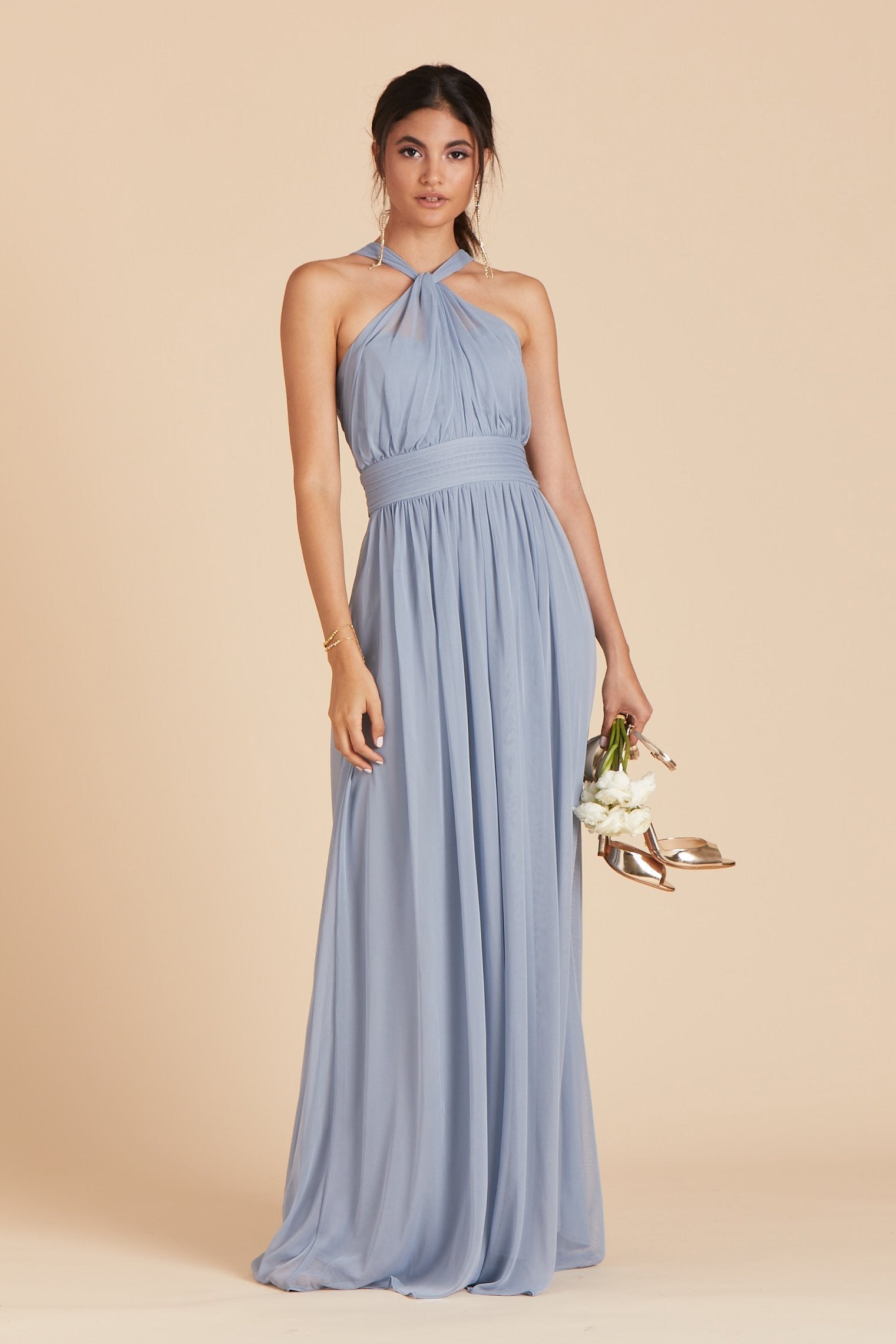 Kikp bridesmaid dress in dusty blue chiffon by Birdy Grey, front view