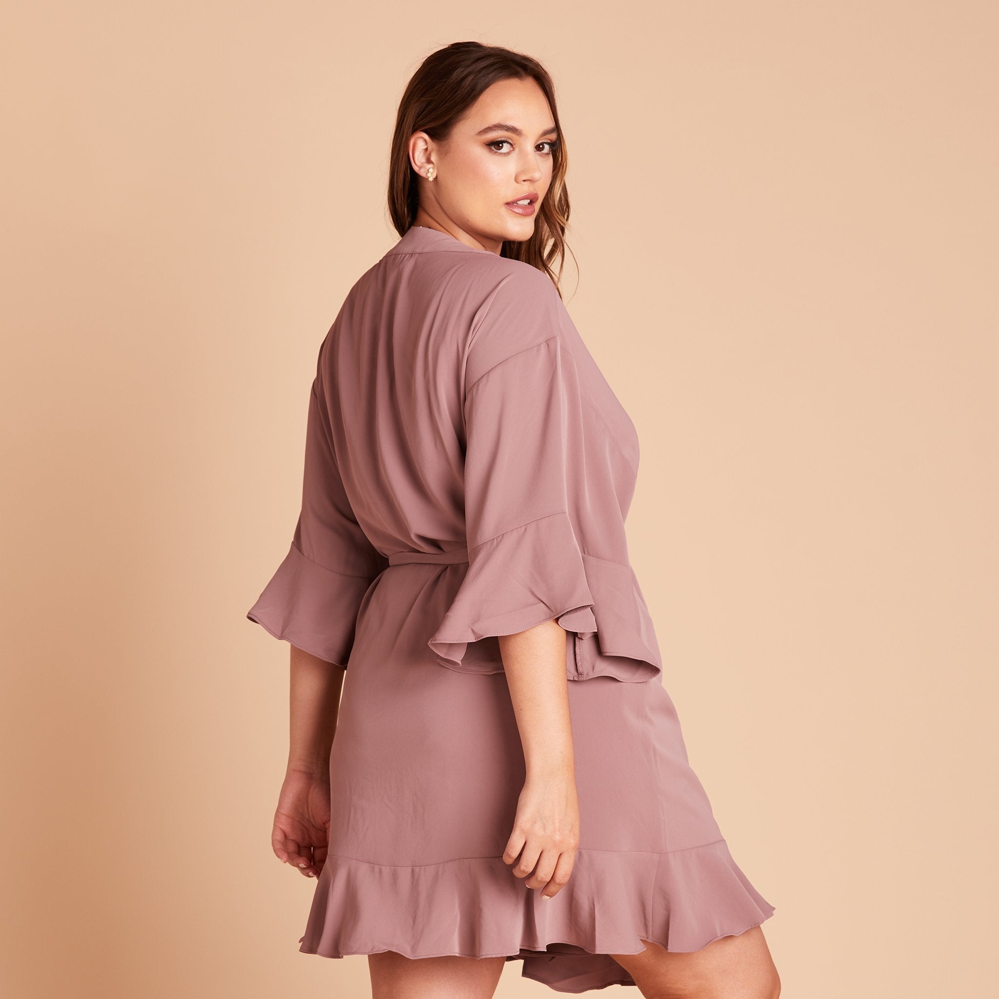 Kenny Ruffle Robe in dark mauve by Birdy Grey, side view