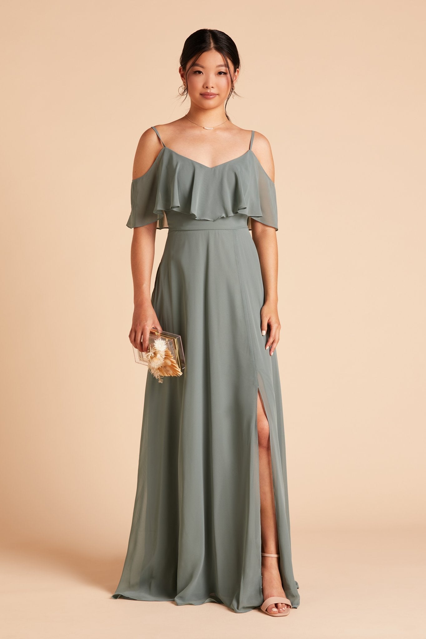 Jane convertible bridesmaid dress with slit in sea glass green chiffon by Birdy Grey, front view