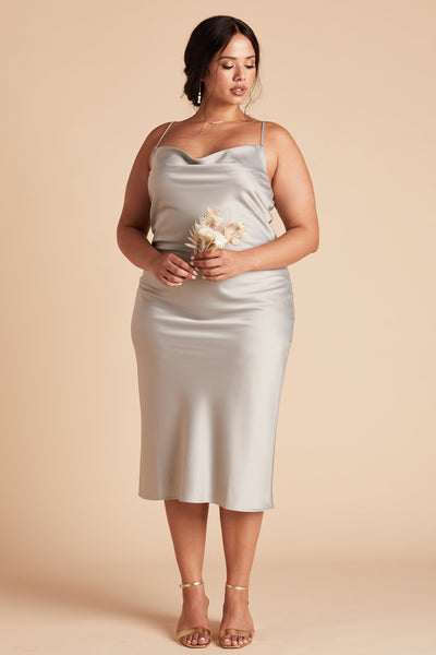 Lista plus size midi dress in pewter satin by Birdy Grey, front view