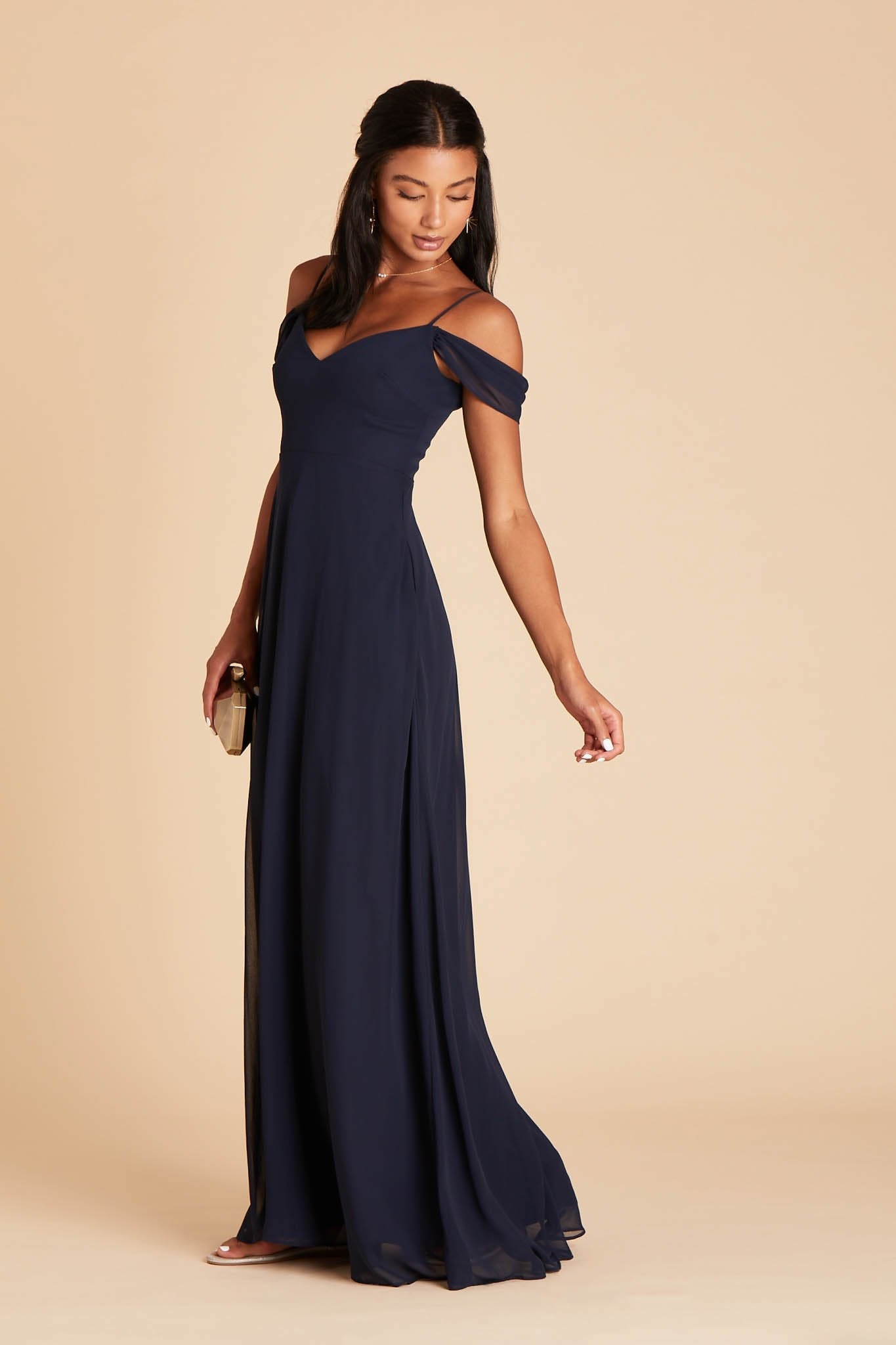 Devin convertible bridesmaid dress in navy blue chiffon by Birdy Grey, side view