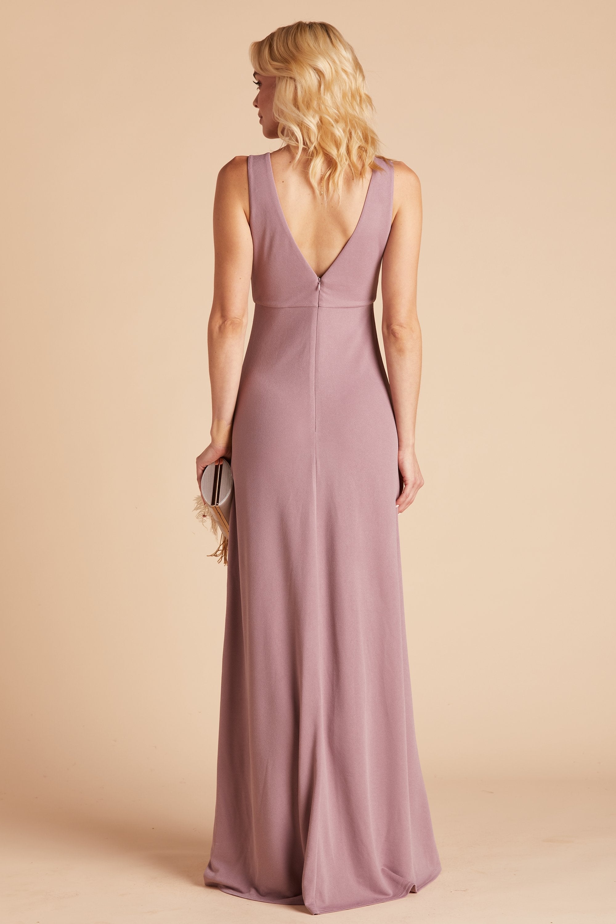 Shamin bridesmaid dress in dark mauve crepe by Birdy Grey, back view