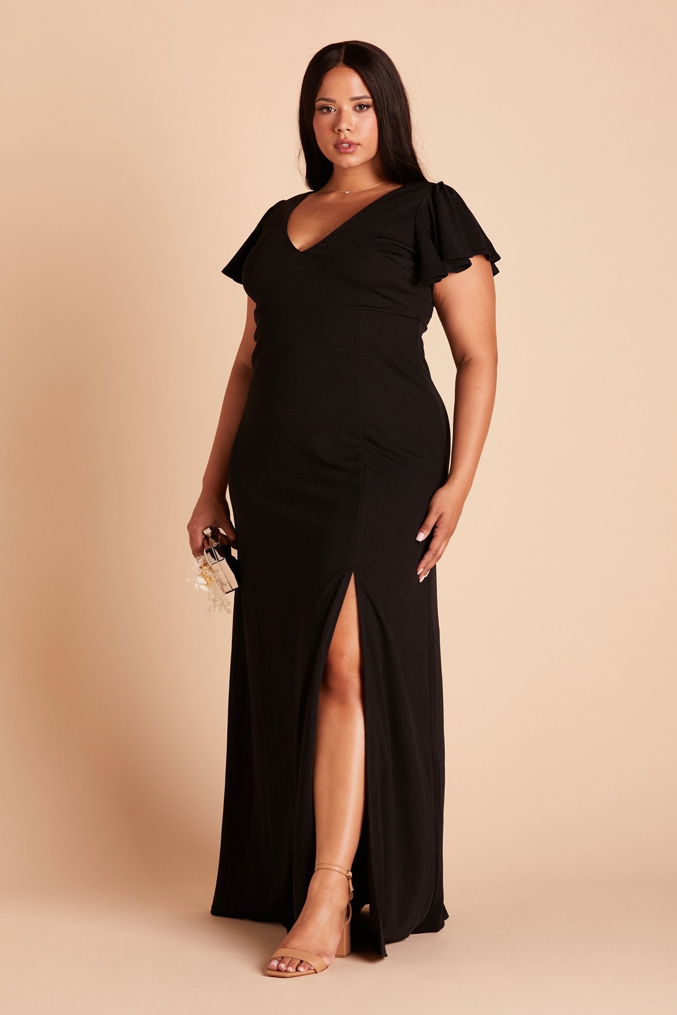 Hannah plus size bridesmaid dress with slit in black crepe by Birdy Grey, front view