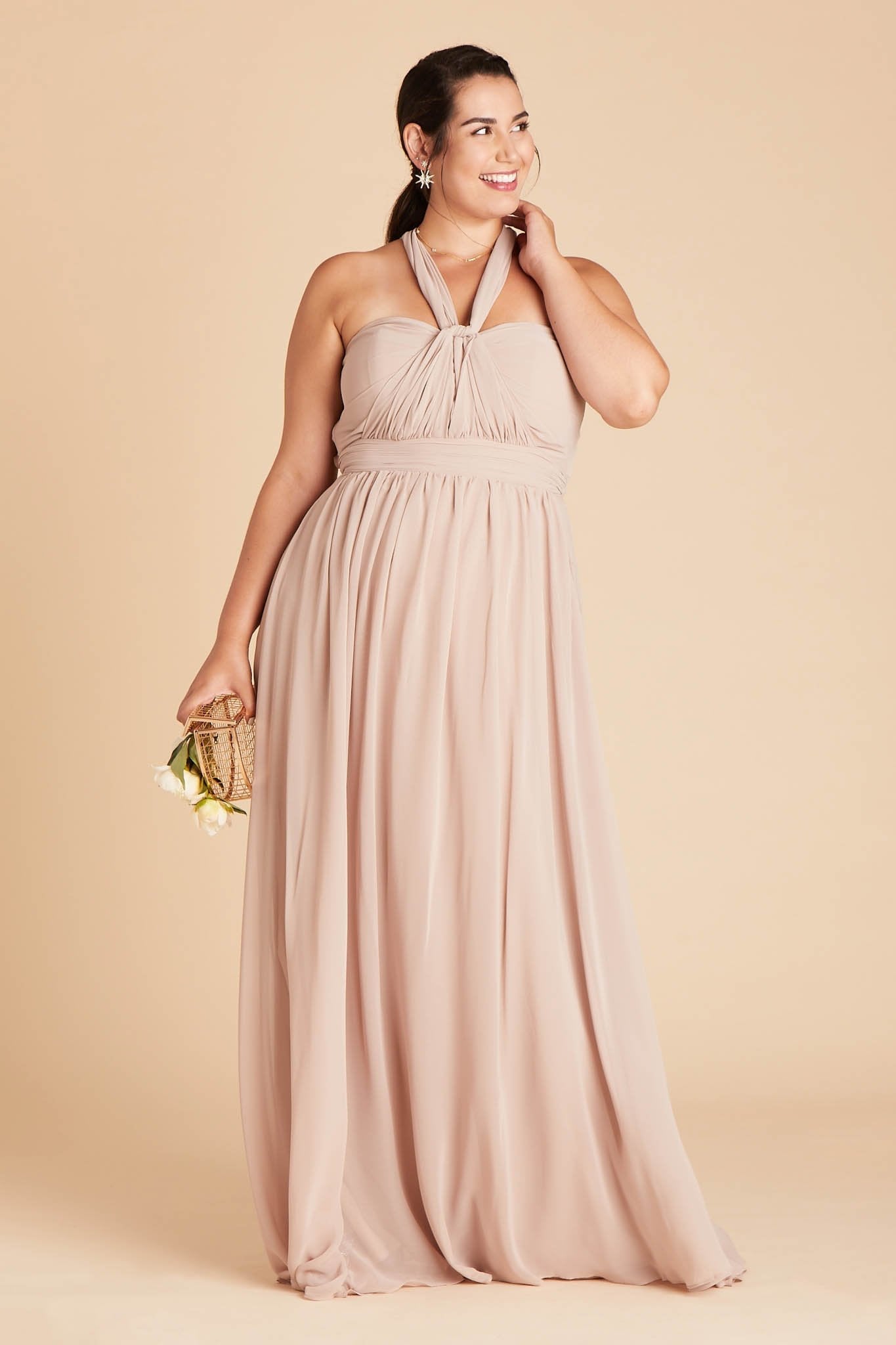 Grace convertible plus size bridesmaid dress in taupe chiffon by Birdy Grey, front view