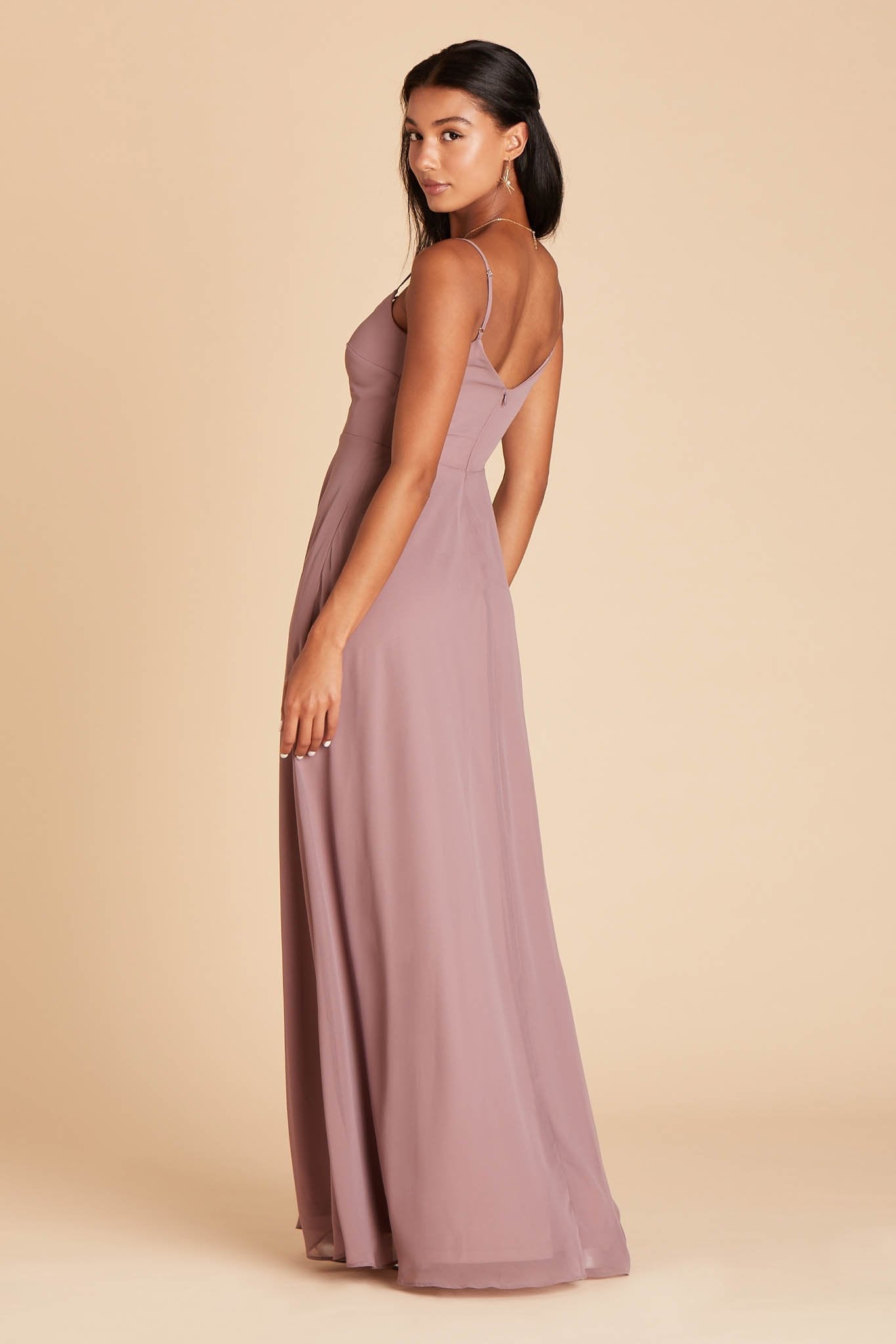 Devin convertible bridesmaid dress in dark mauve chiffon by Birdy Grey, side view