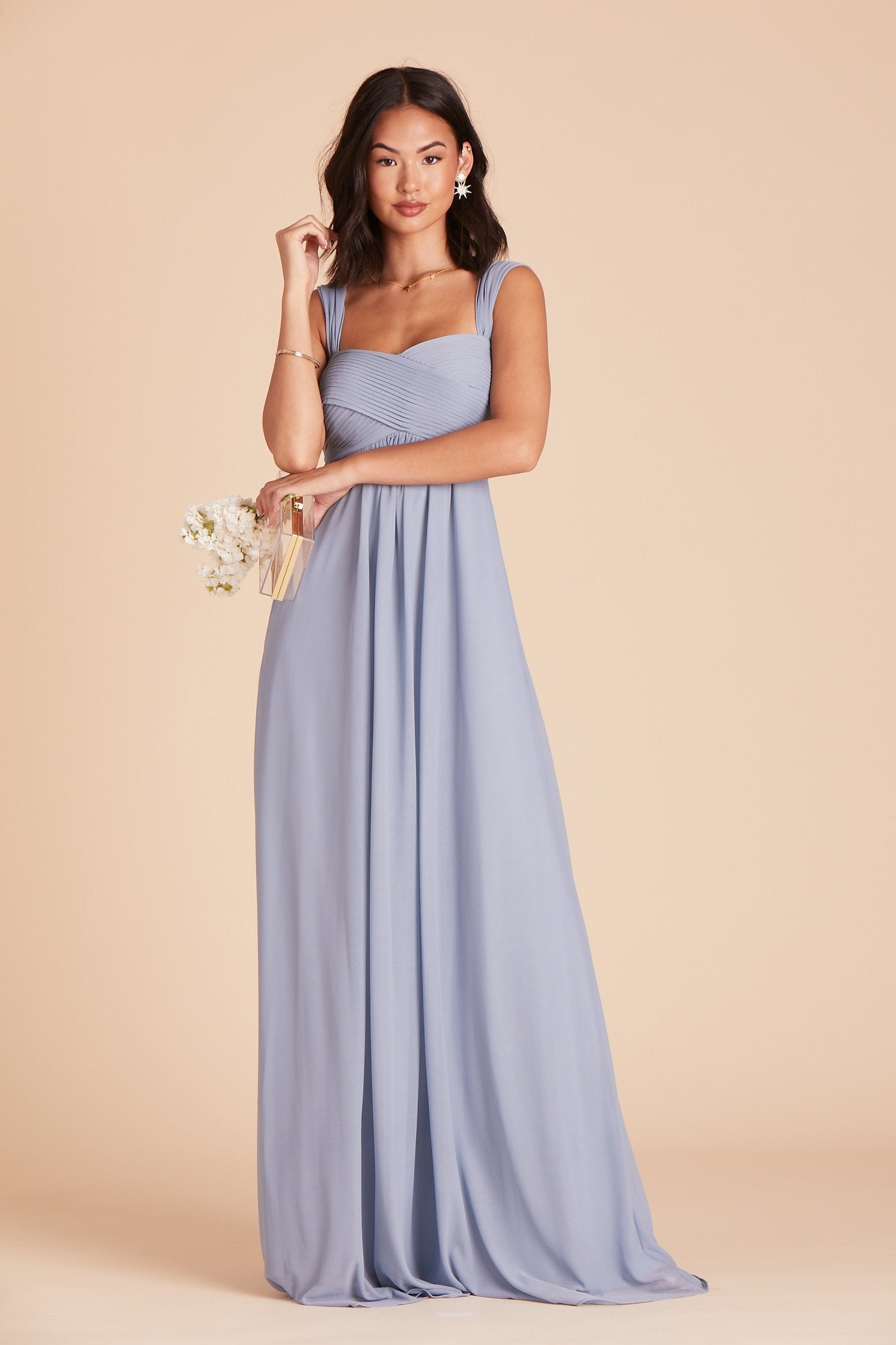 Maria convertible bridesmaids dress in dusty blue chiffon by Birdy Grey, front view