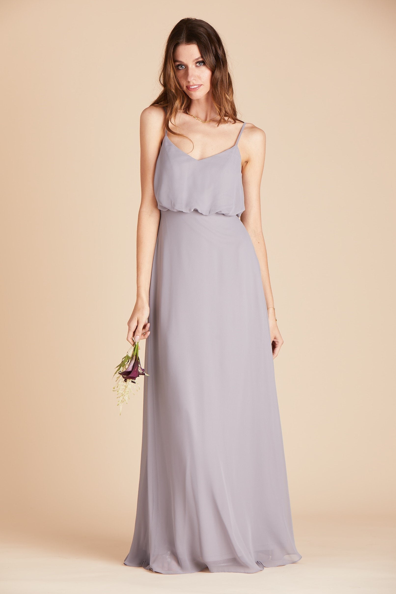 Gwennie bridesmaid dress in silver chiffon by Birdy Grey, front view