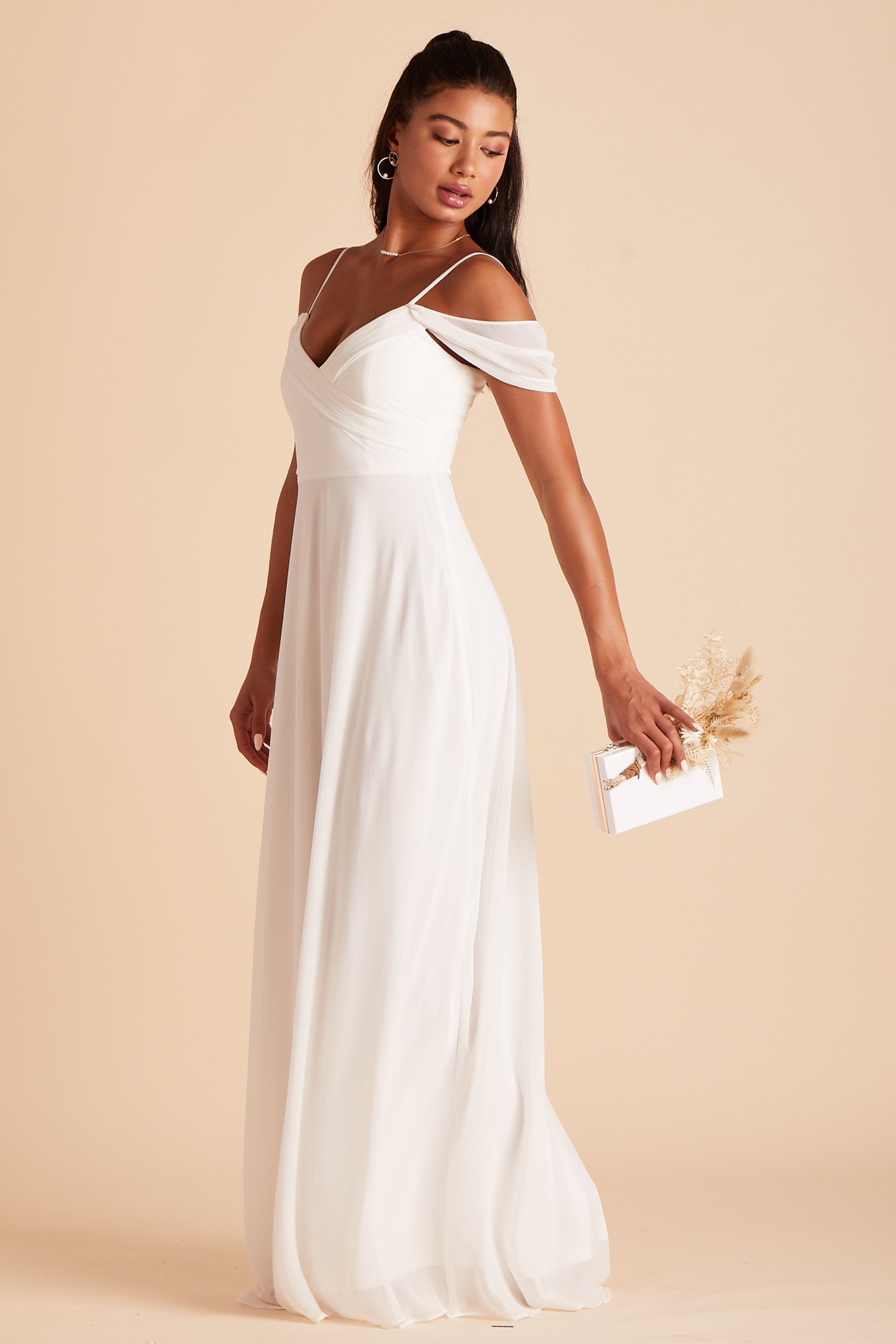 Spence convertible bridesmaids dress in white chiffon by Birdy Grey, side view