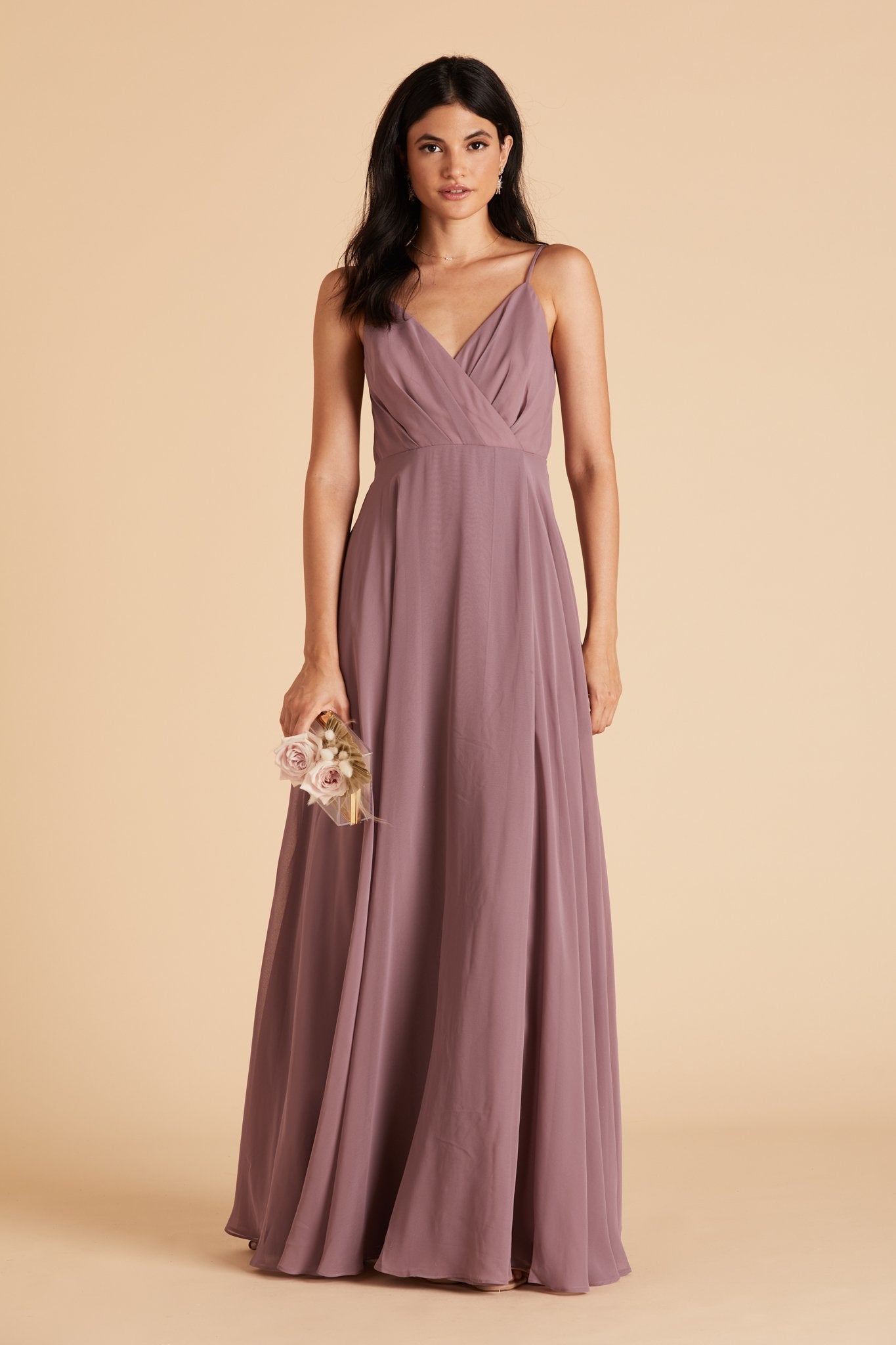 Kaia bridesmaids dress in dark mauve purple chiffon by Birdy Grey, front view