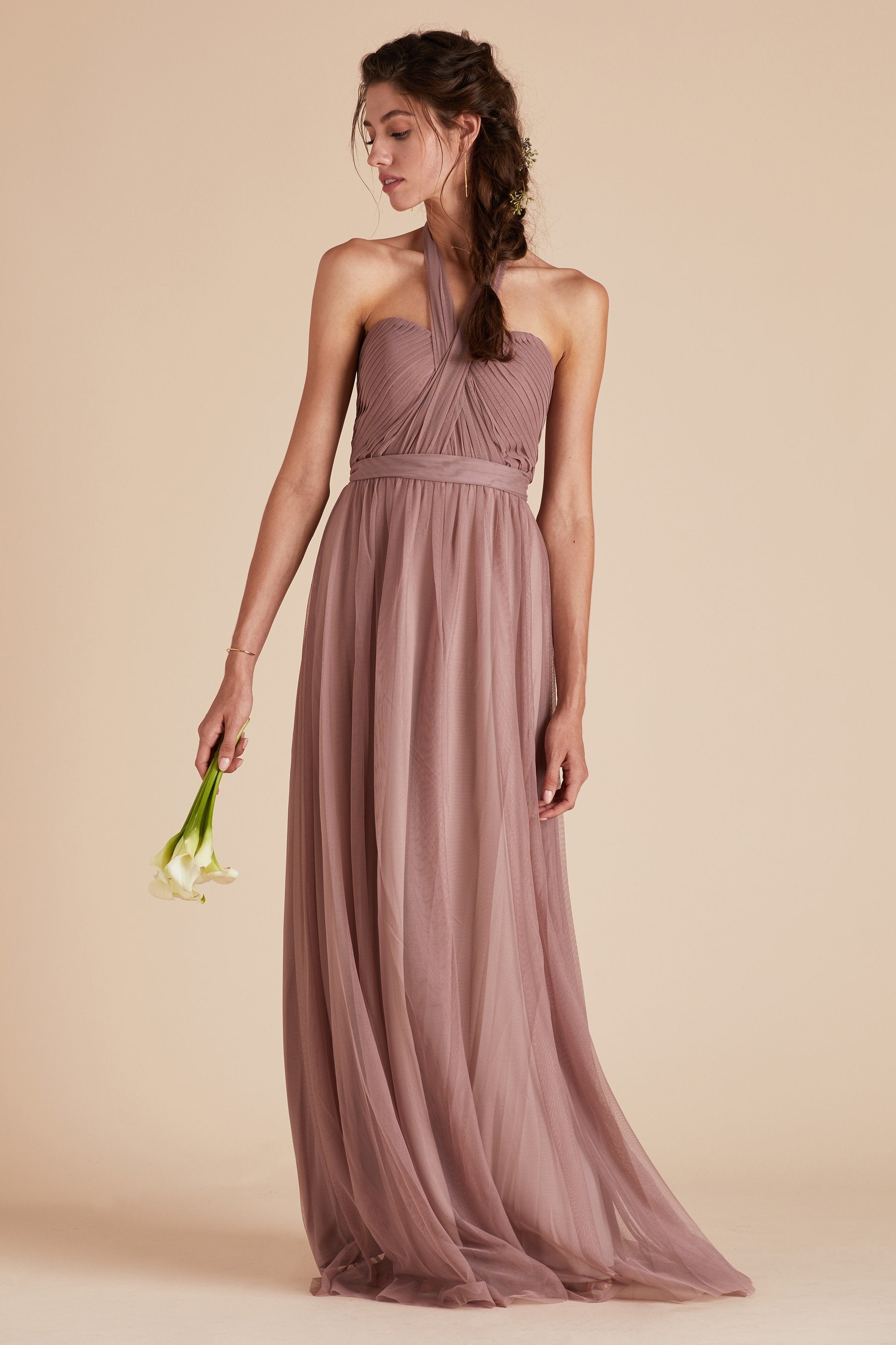 Christina convertible bridesmaid dress in sandy mauve tulle by Birdy Grey, front view