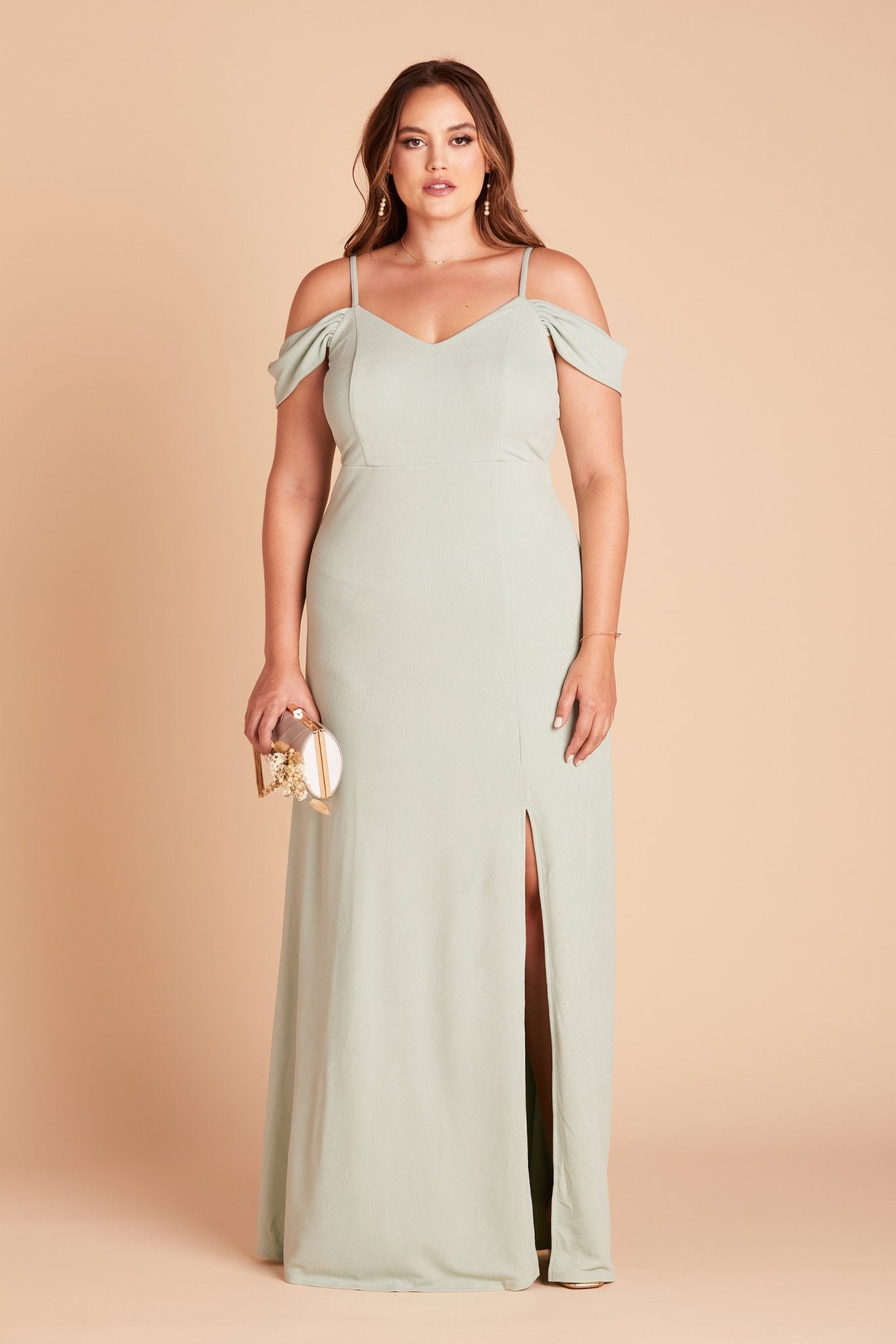 Dev plus size bridesmaid dress with slit in sage green crepe by Birdy Grey, front view