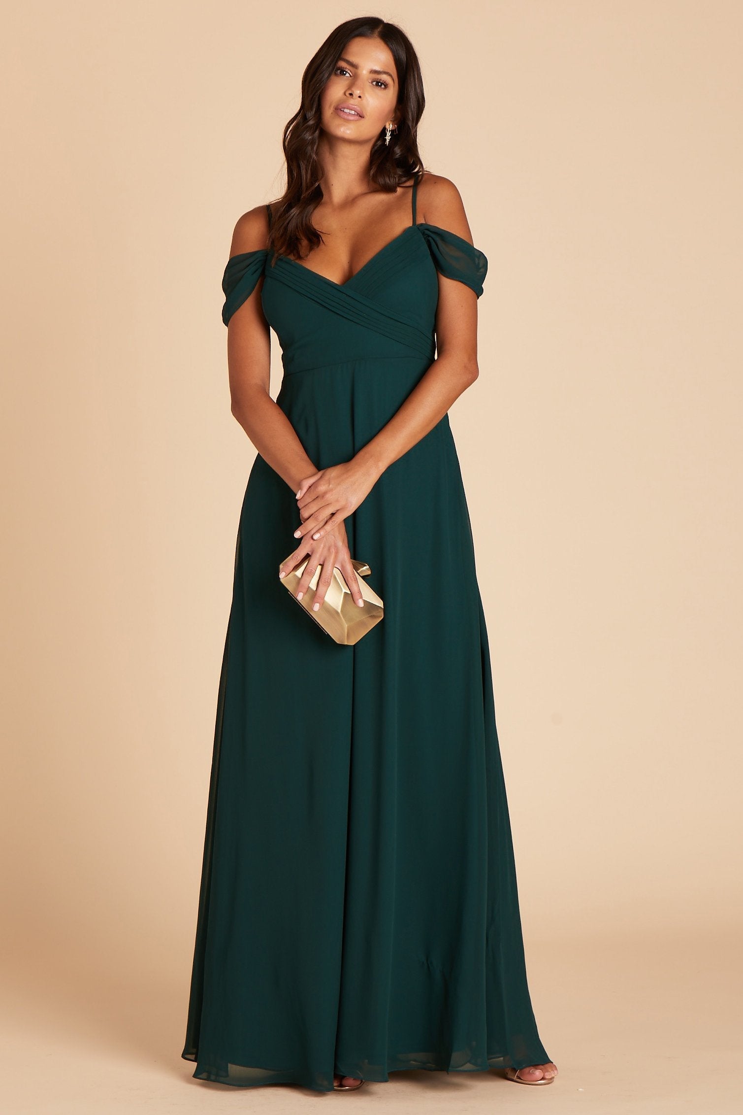 Spence convertible bridesmaid dress in emerald green chiffon by Birdy Grey, front view