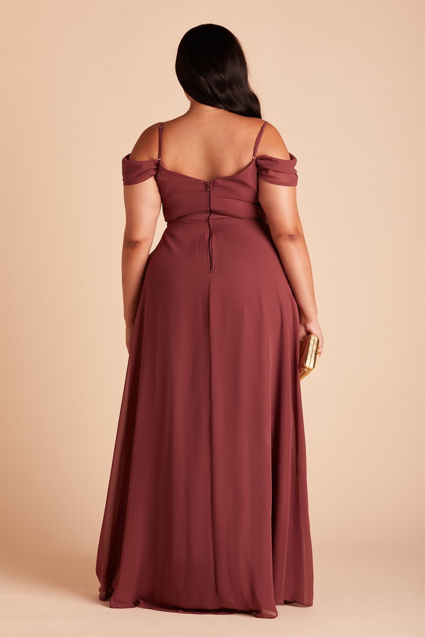 Devin convertible plus size bridesmaids dress with slit in rosewood chiffon by Birdy Grey, back view