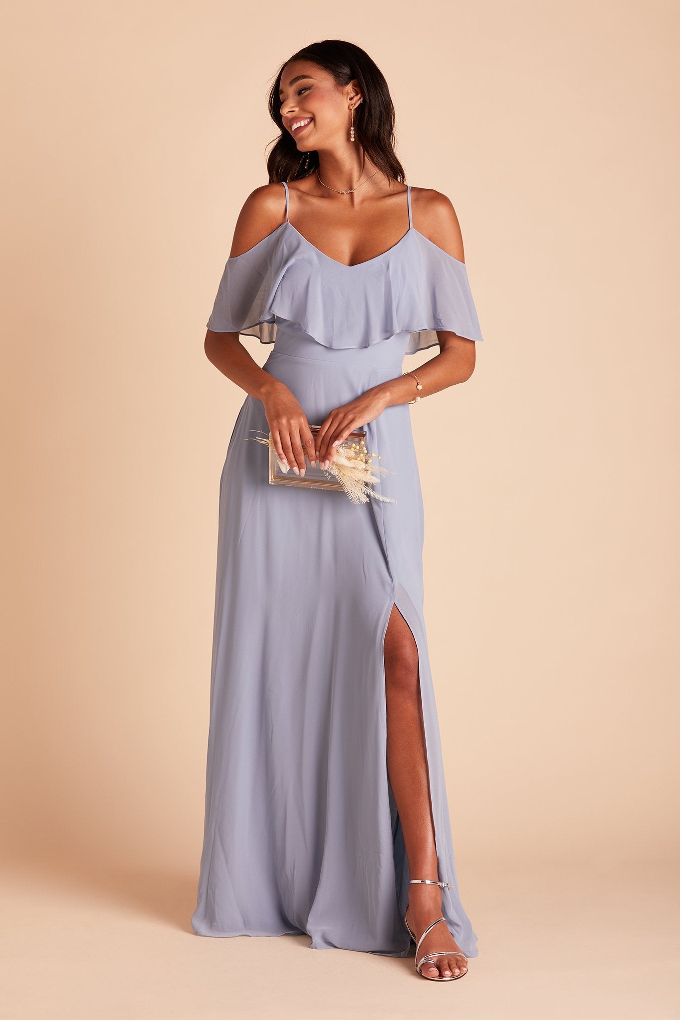 Jane convertible bridesmaid dress with slit in dusty blue chiffon by Birdy Grey, front view