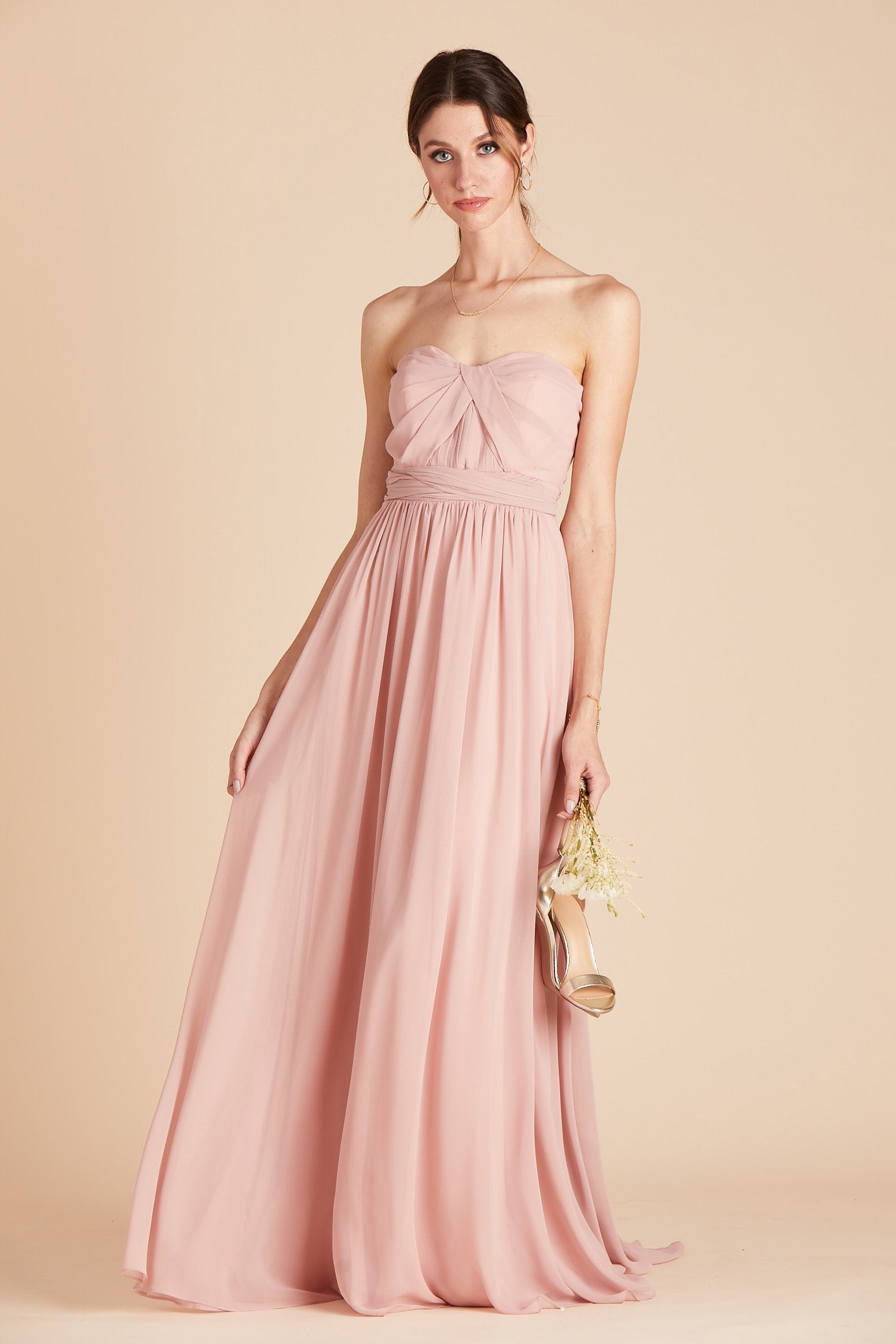 Grace convertible bridesmaid dress in rose quartz pink chiffon by Birdy Grey, front view