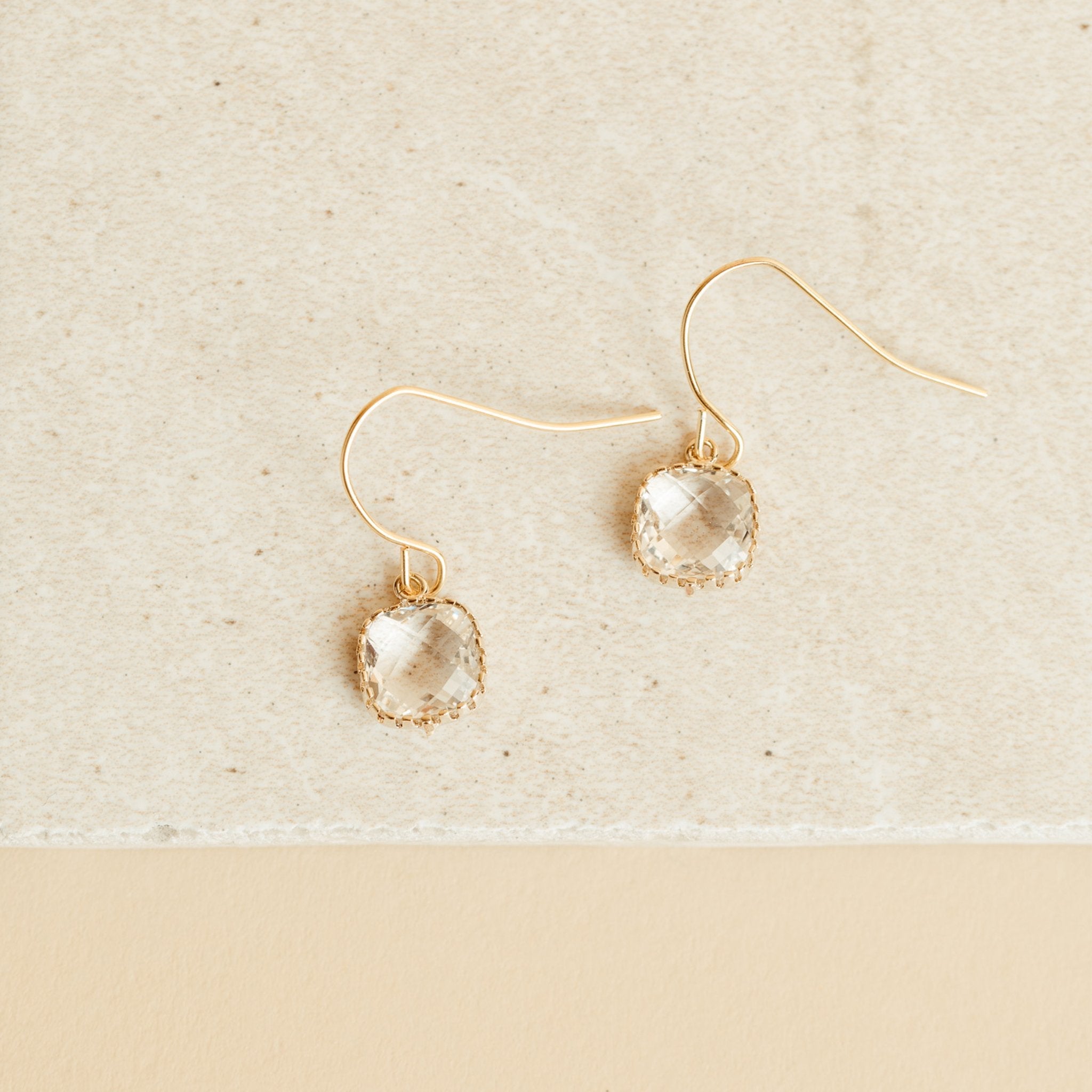 Dainty Gold Crystal Earrings by Birdy Grey, front view