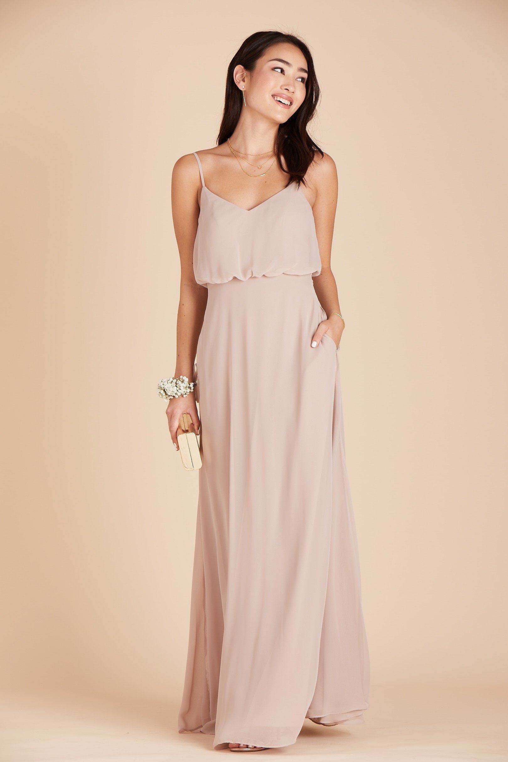 Gwennie bridesmaid dress in taupe chiffon by Birdy Grey, front view with hand in pocket