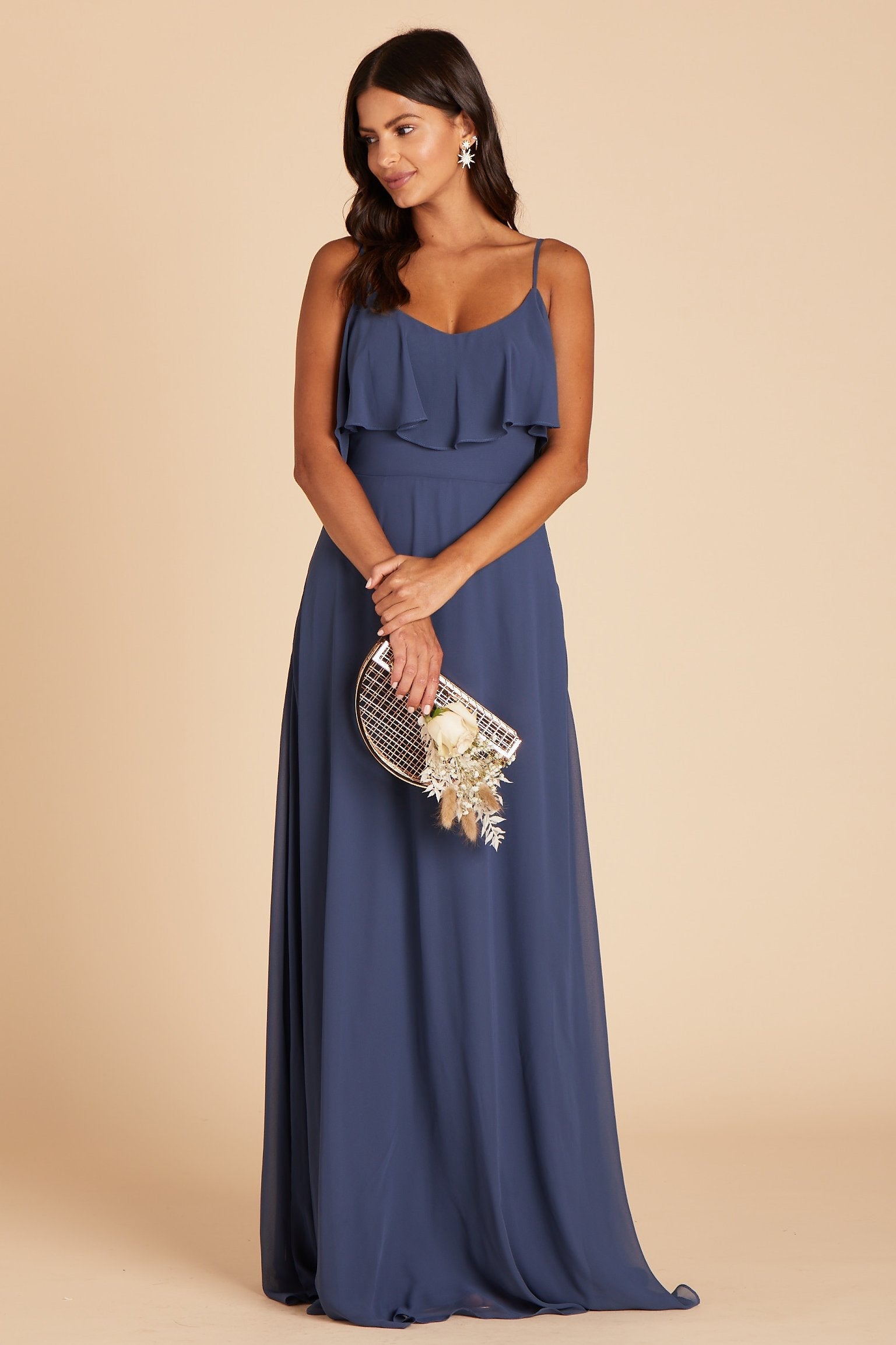 Jane convertible bridesmaid dress in slate blue chiffon by Birdy Grey, front view