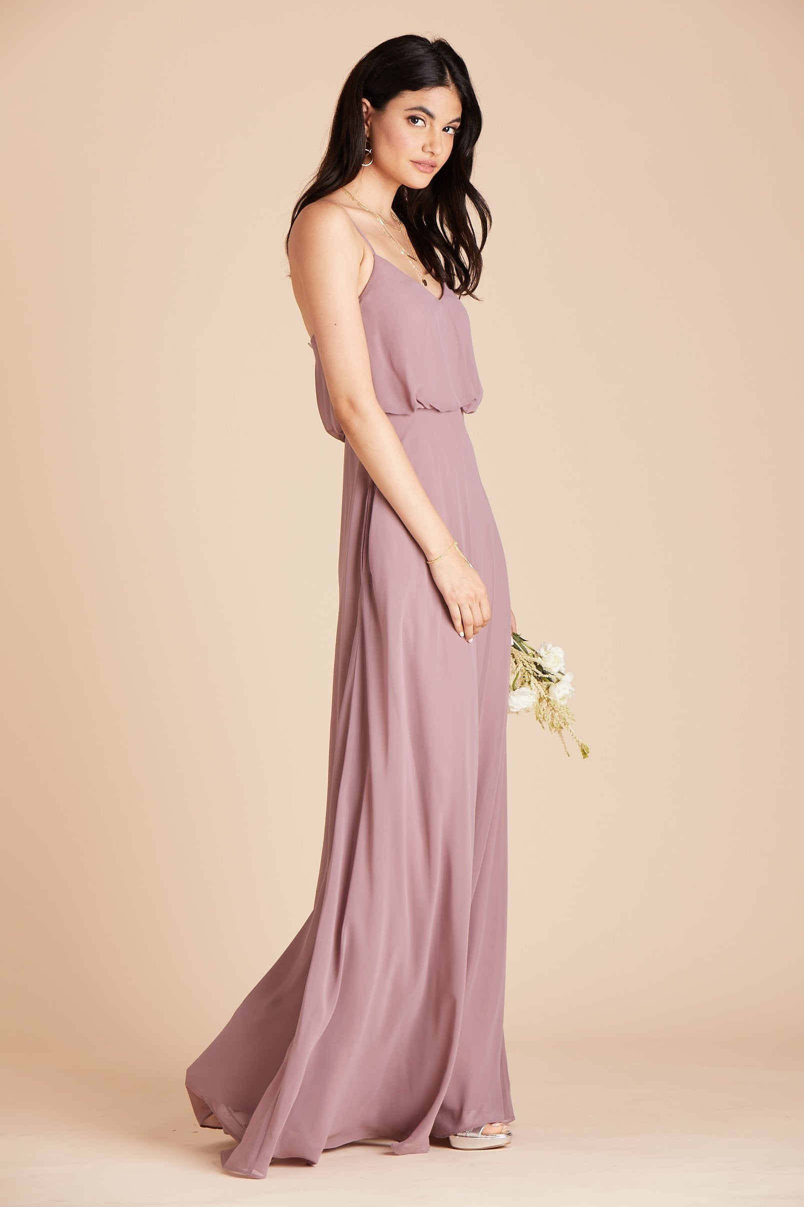 Gwennie bridesmaid dress with slit in dark mauve chiffon by Birdy Grey, side view