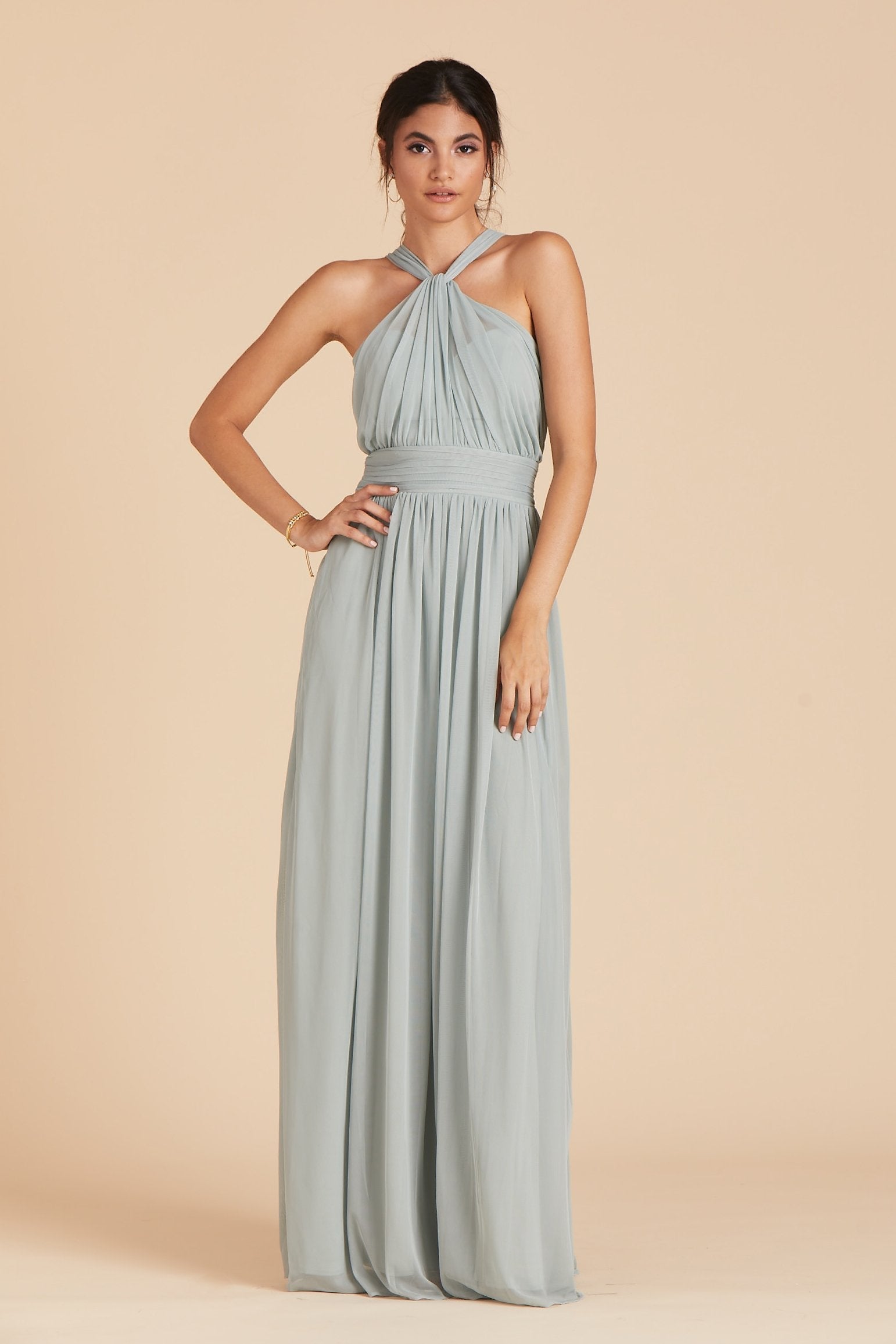 Kiko bridesmaid dress in sage green chiffon by Birdy Grey, front view