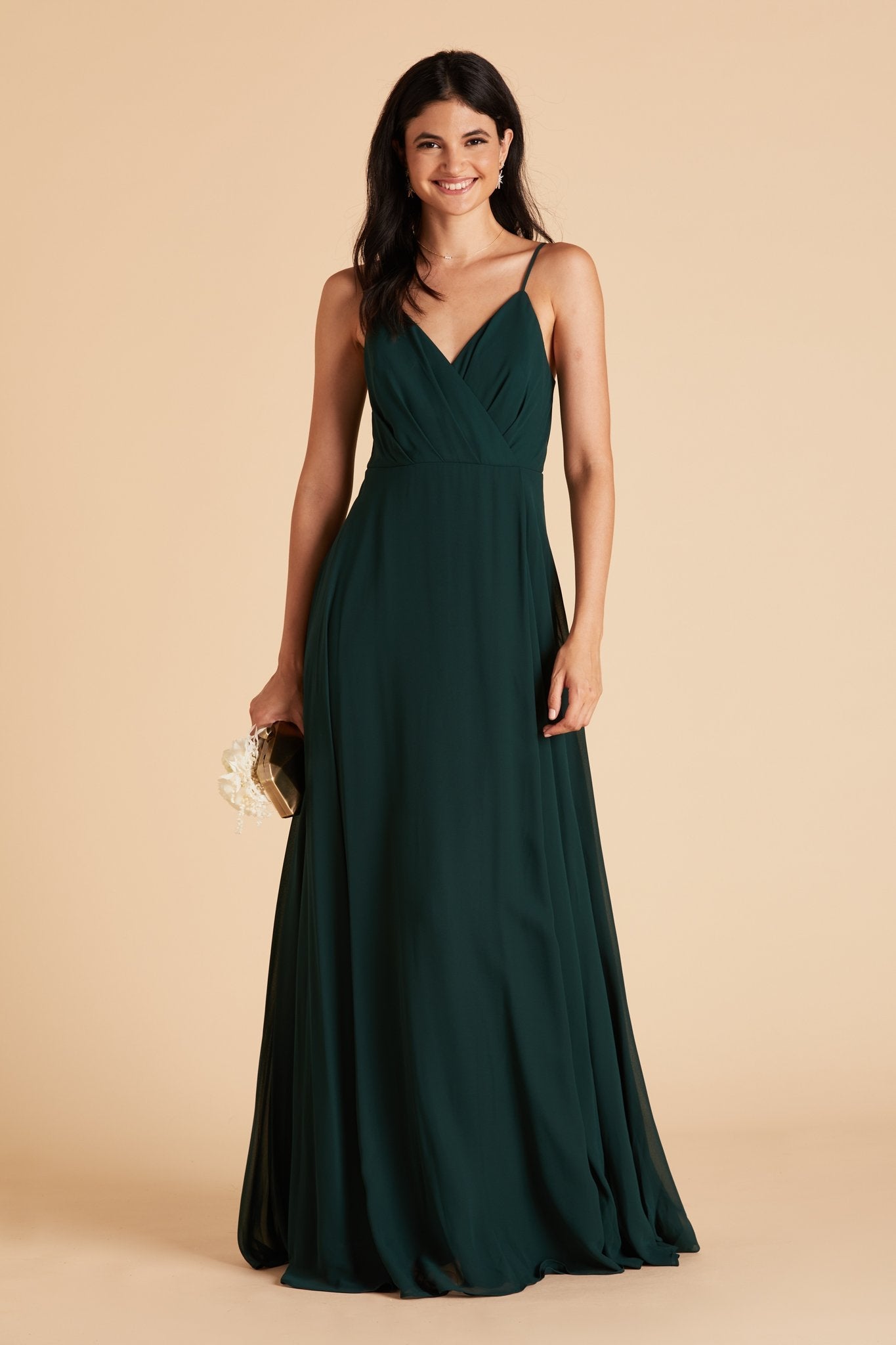 Kaia bridesmaids dress in emerald green chiffon by Birdy Grey, front view