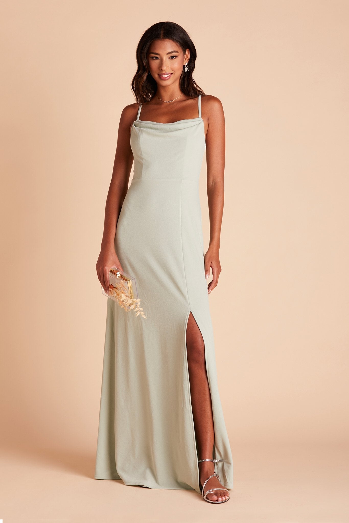 Ash bridesmaid dress with slit in sage green crepe by Birdy Grey, front view