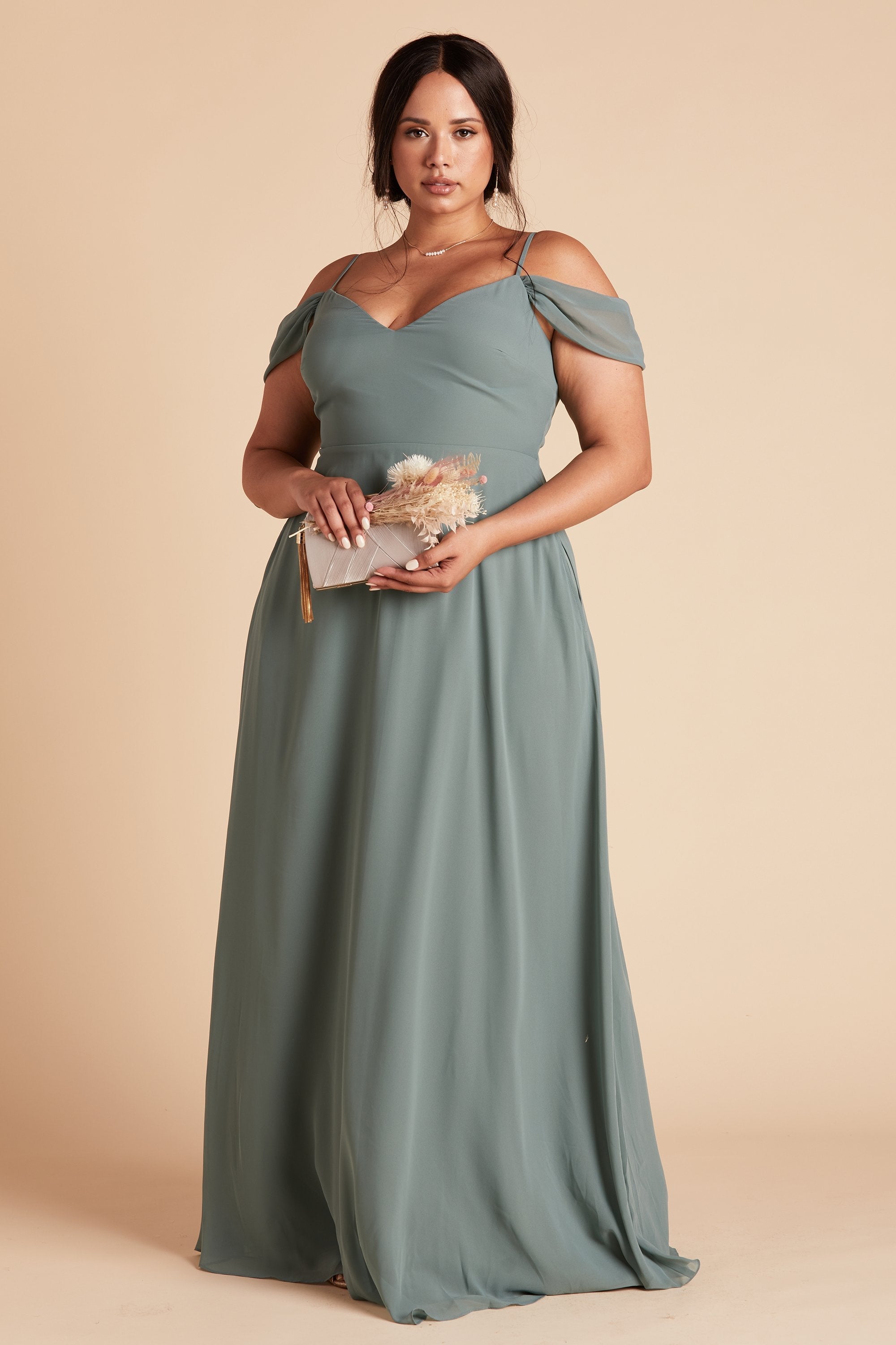 Devin convertible plus size bridesmaids dress in sea glass green chiffon by Birdy Grey, front view