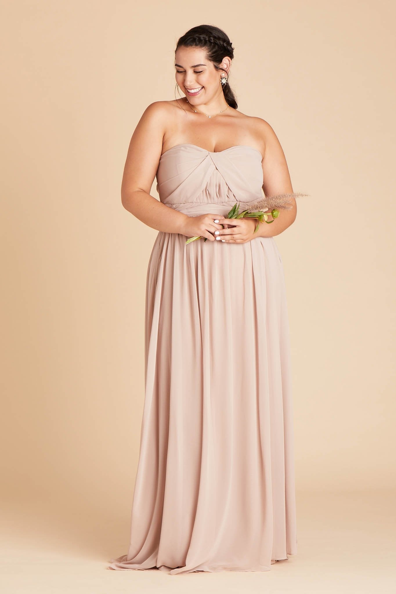 Grace convertible plus size bridesmaid dress in taupe chiffon by Birdy Grey, front view