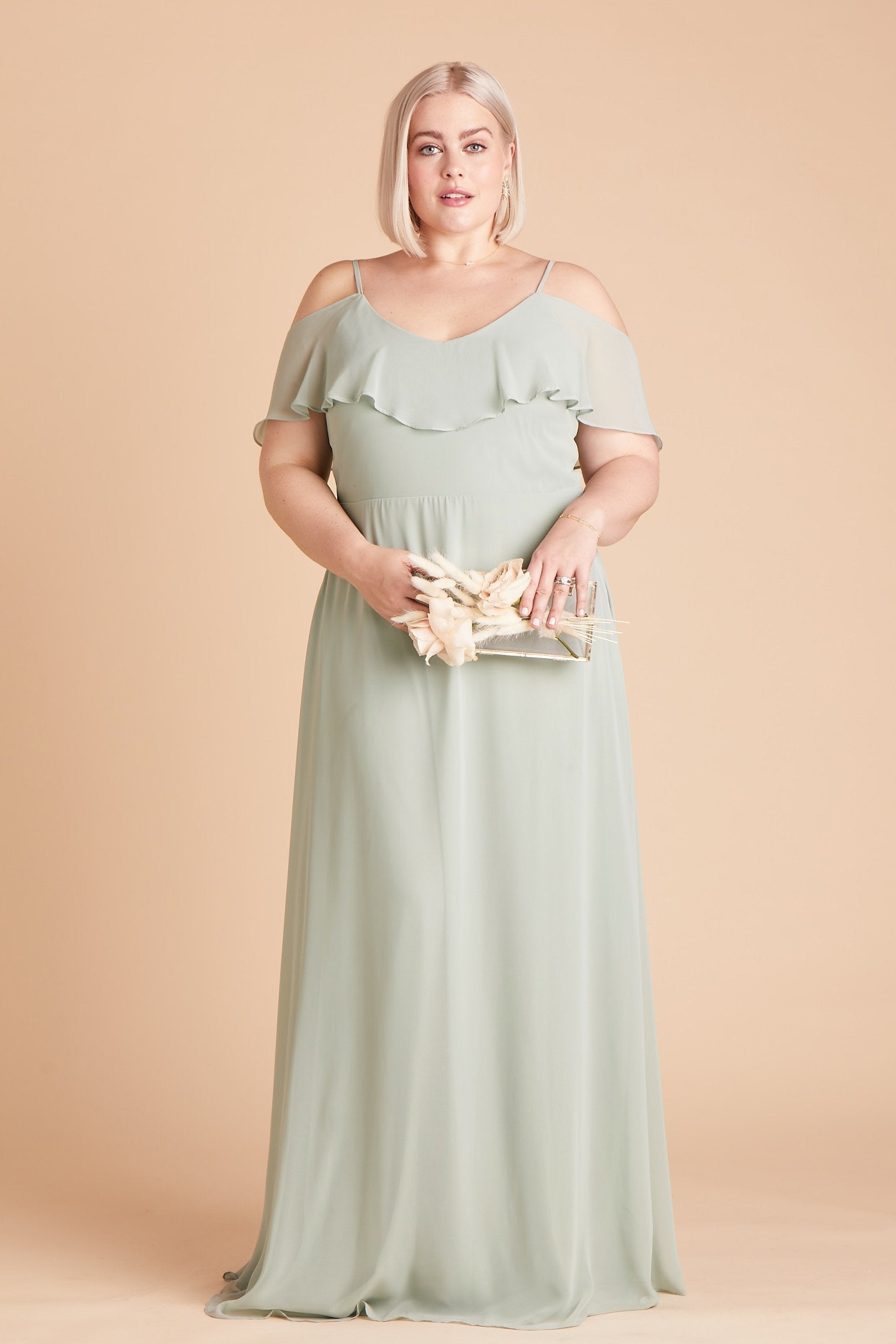 Jane convertible plus size bridesmaid dress in sage green chiffon by Birdy Grey, front view