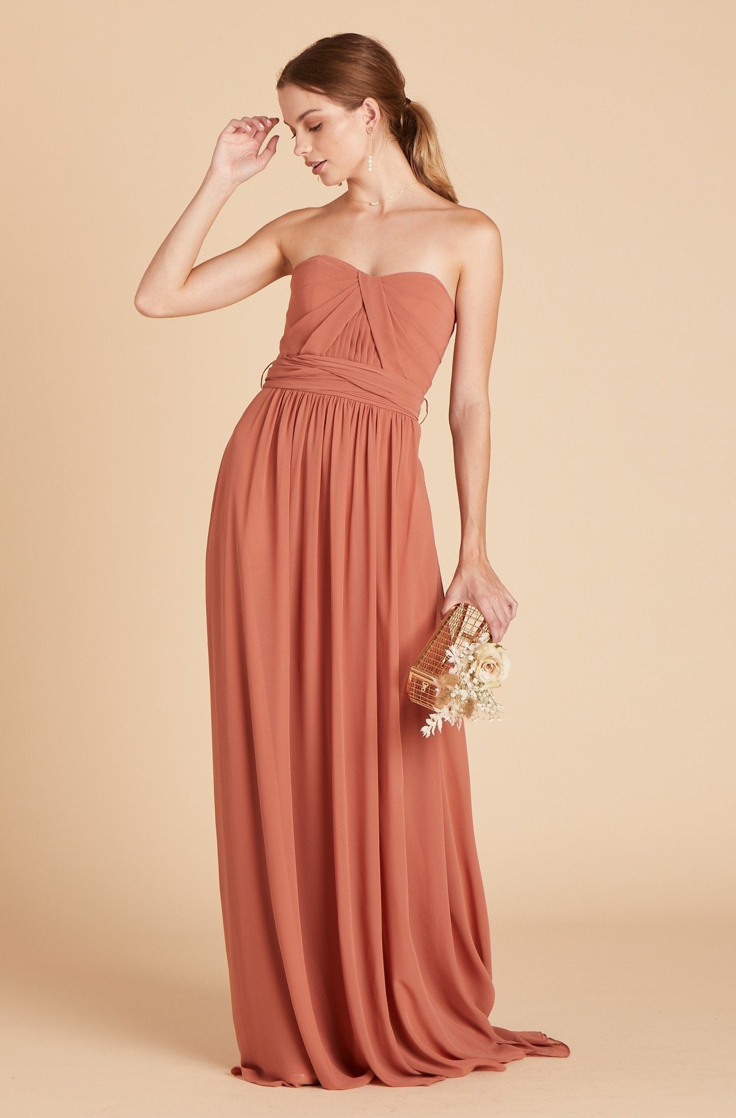 Grace convertible bridesmaid dress in terracotta orange chiffon by Birdy Grey, front view