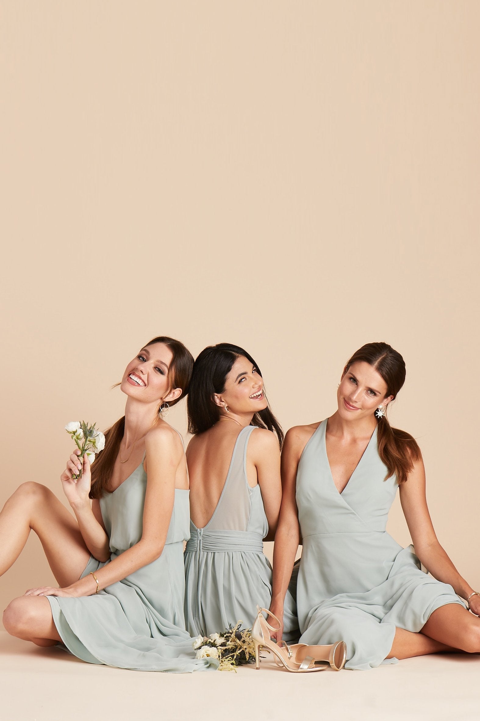 Jan bridesmaid dress in sage green mesh by Birdy Grey, front view