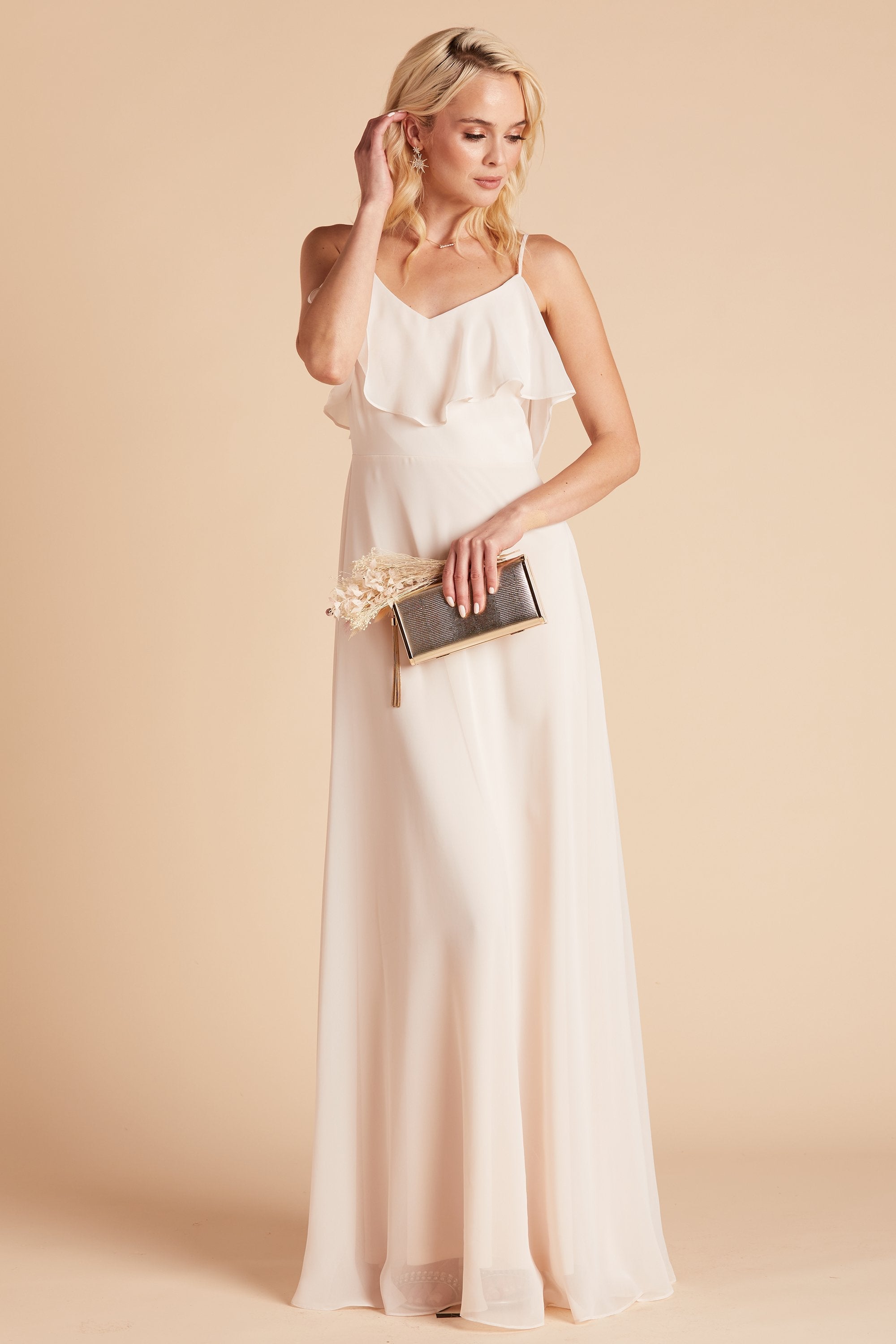 Jane convertible bridesmaid dress in champagn chiffon by Birdy Grey, front view