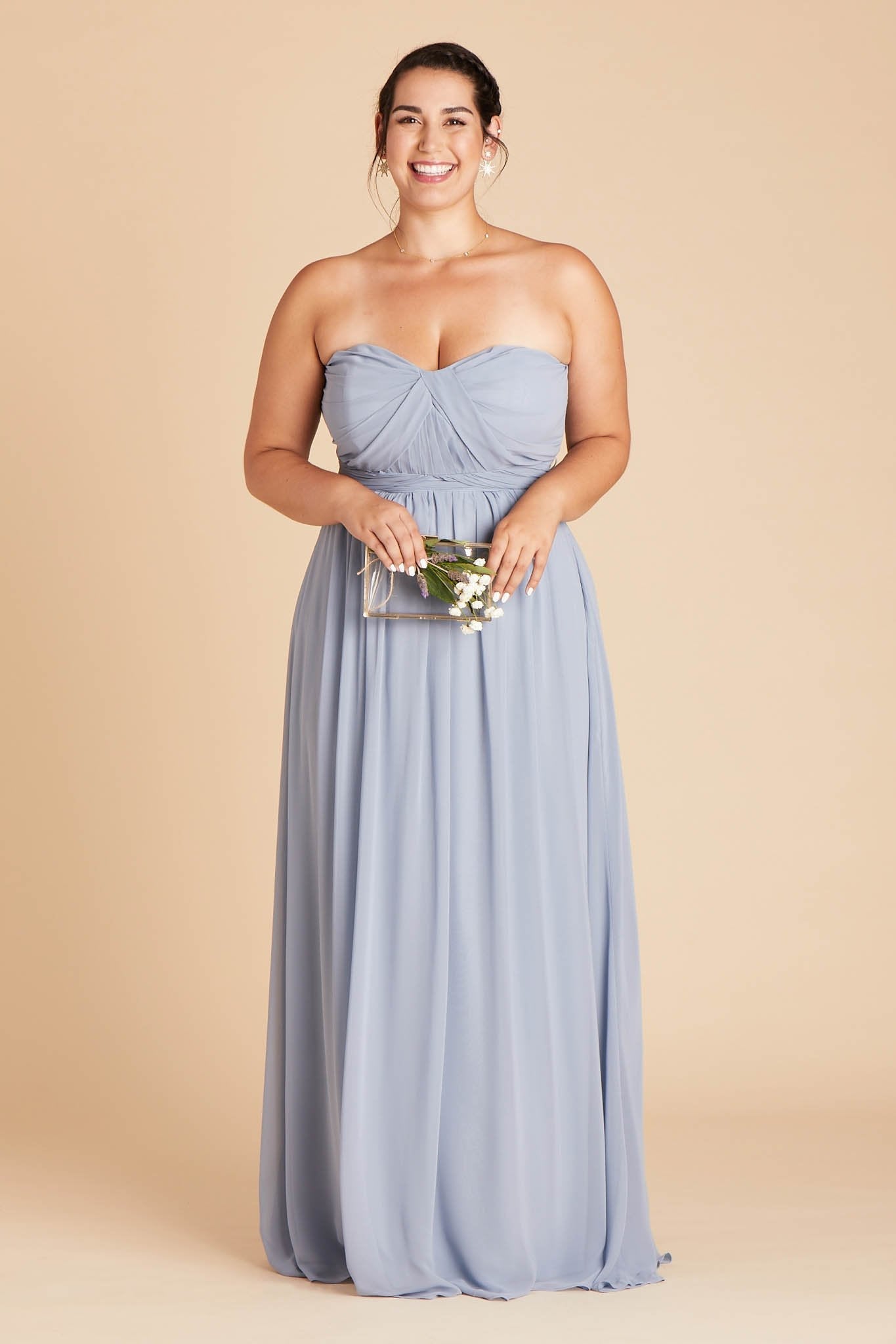 Grace convertible plus size bridesmaid dress in dusty blue chiffon by Birdy Grey, front view