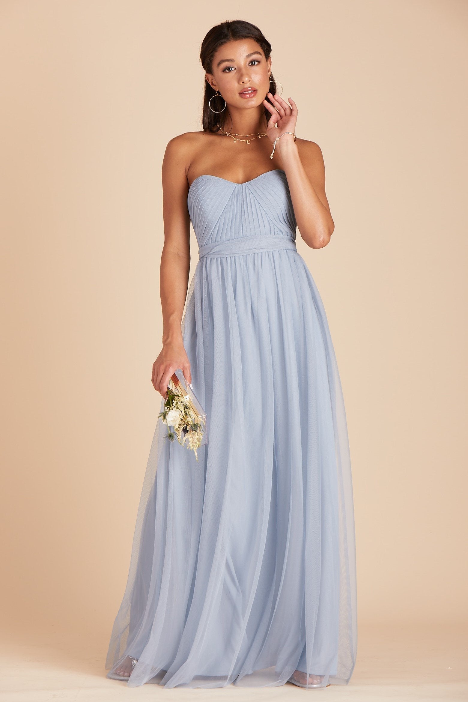 Christina convertible bridesmaid dress in dusty blue tulle by Birdy Grey, front view